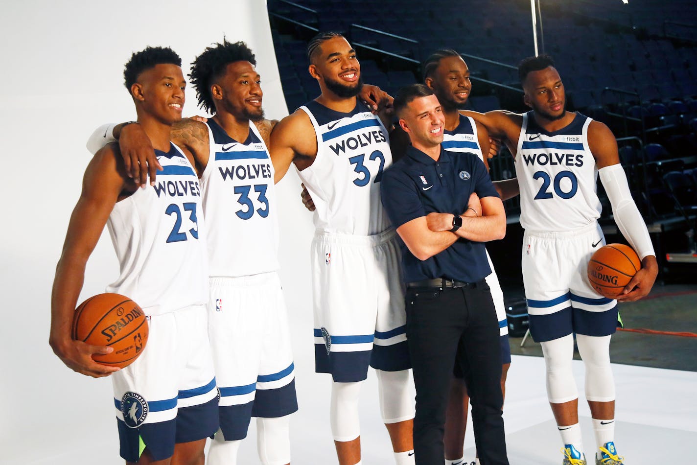 Timberwolves head coach Ryan Saunders poses with players, from left: Jarrett Culver, Robert Covington, Karl-Anthony Towns, Andrew Wiggins and Josh Okogie during media day.