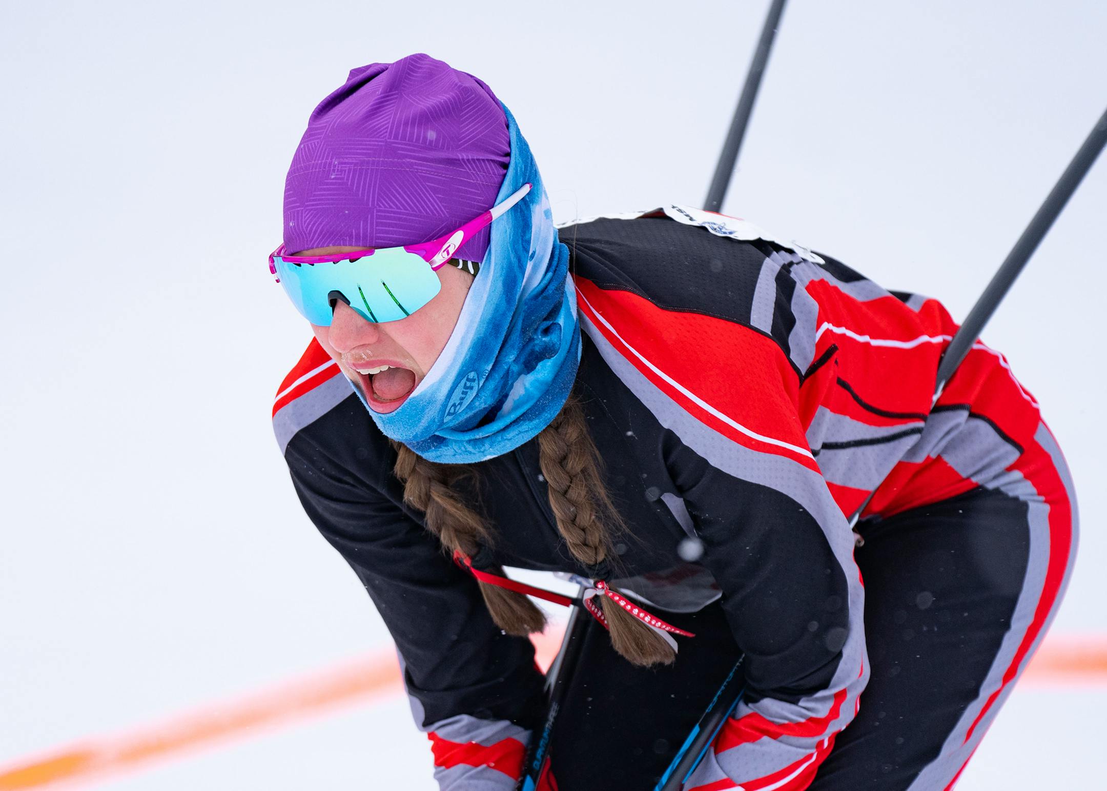 Duluth East nordic skier Liesl Cope-Schaeffer (19) competes in the girl's team spring qualification race during the MSHSL Boys and Girls Nordic Ski Racing Meet.