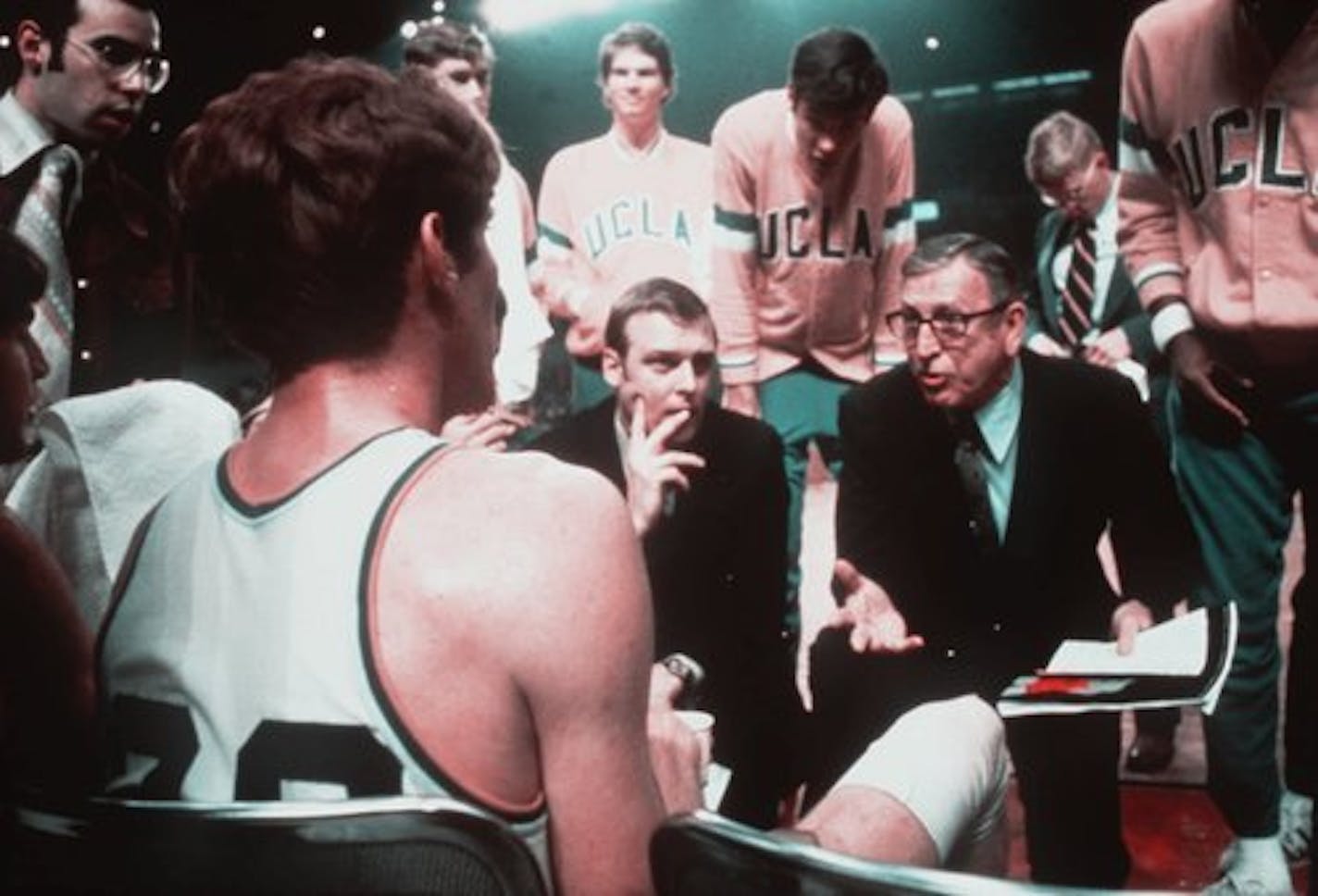 SPECIAL FOR THE MINNEAPOLIS STAR-TRIBUNE:  UNDATED:  FILE PICTURE:  UCLA HEAD BASKETBALL COACH JOHN WOODEN TALKS TO HIS PLAYERS DURING A TIME OUT AT PAULY PAVILION IN LOS ANGELES, CALIFORNIA.  Mandatory Credit: Rich Clarkson/ALLSPORT