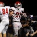 Elk River tight end Noah Langlais (84) and running back Adam Nelson (31) celebrated a fourth quarter touchdown by Nelson Friday night against Buffalo.