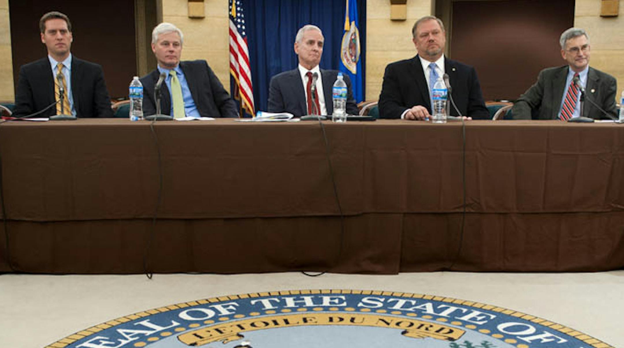 Incoming Legislative leaders and Gov. Mark Dayton talk about the upcoming legislative session, in St. Paul, Minn., Monday, Dec. 10, 2012. From left are, House Minority Leader Kurt Daudt, House Majority Leader Paul Thissen, Gov. Dayton, Senate Majority Leader Tom Bakk and Senate Minority Leader David Hann.
