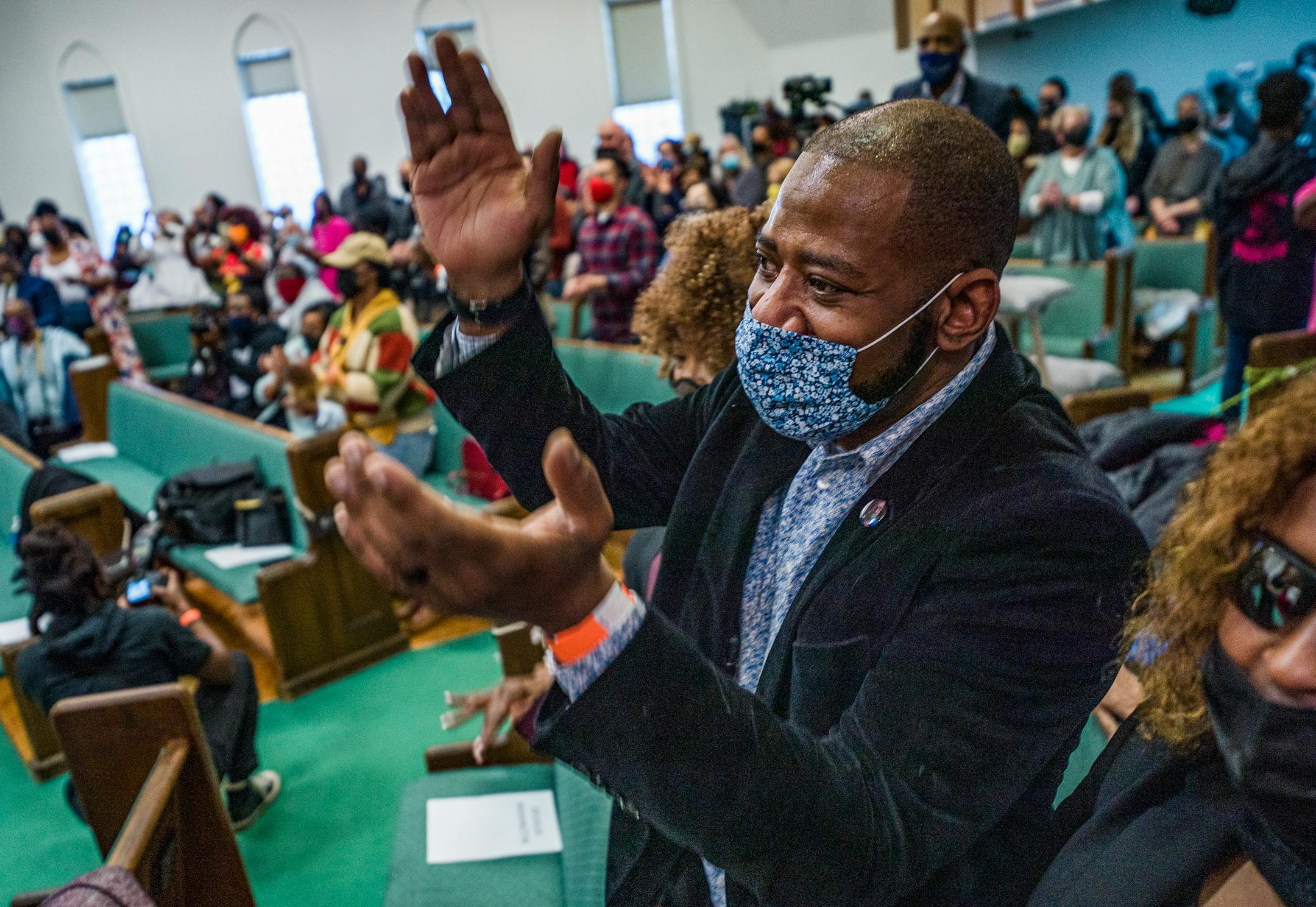 At the Greater Friendship Missionary in Minneapolis, Minnesota, at a prayer/vigil for George Floyd held at on Monday, March 29, 2021, John Thompson got into the groove with the gospel choir .] RICHARD TSONG-TAATARII ¥ richard.tsong-taatarii@startribune.com