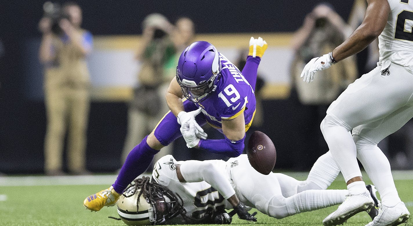 Minnesota Vikings wide receiver Adam Thielen (19) fumbled the ball int he fist quarter after he was tackled by New Orleans Saints cornerback Janoris Jenkins (20).