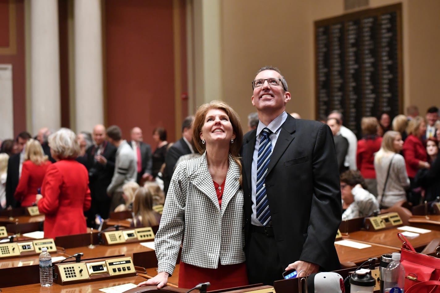 Rep. Regina Barr, R-Inver Grove Heights and her husband Kevin looked around the House Chamber before the swearing in in 2017.