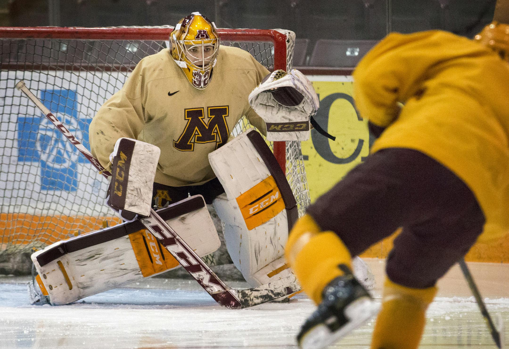U of M goaltender Adam Wilcox during goaltender practice on Wednesday ] BRIAN PETERSON &#x201a;&#xc4;&#xa2; brian.peterson@startribune.com Minneapolis, MN 12/19/14