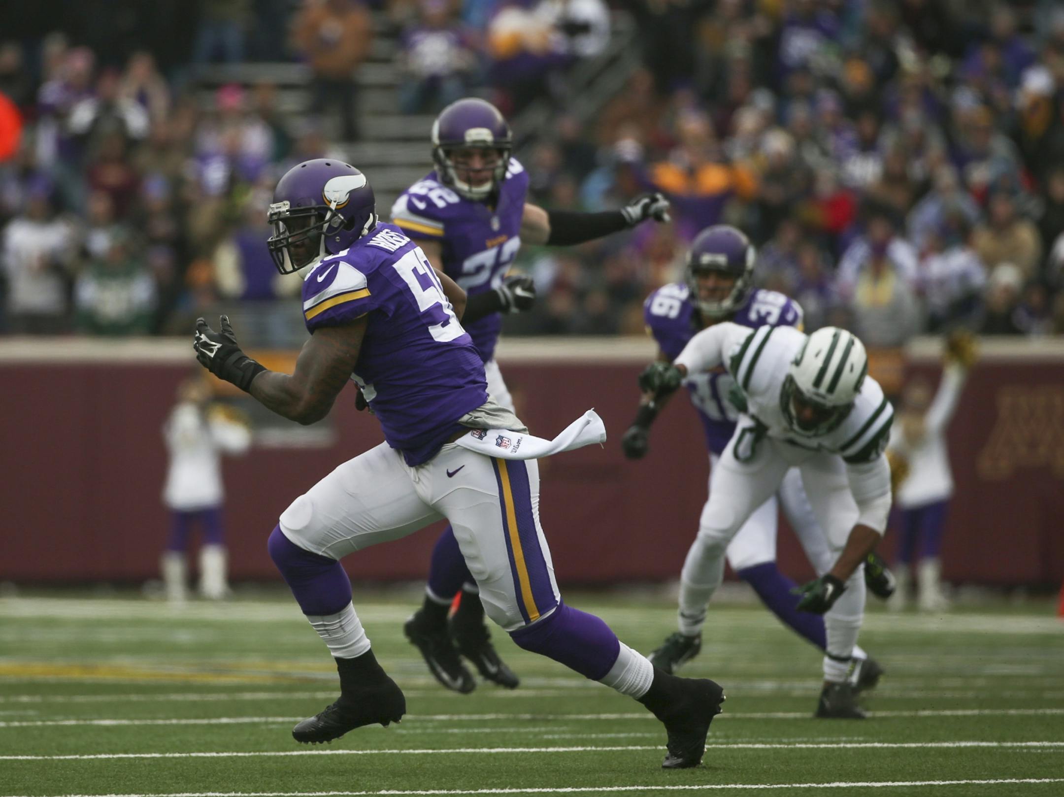 Minnesota Vikings outside linebacker Gerald Hodges (50) ran 27 yards for a touchdown against the Jets last season.