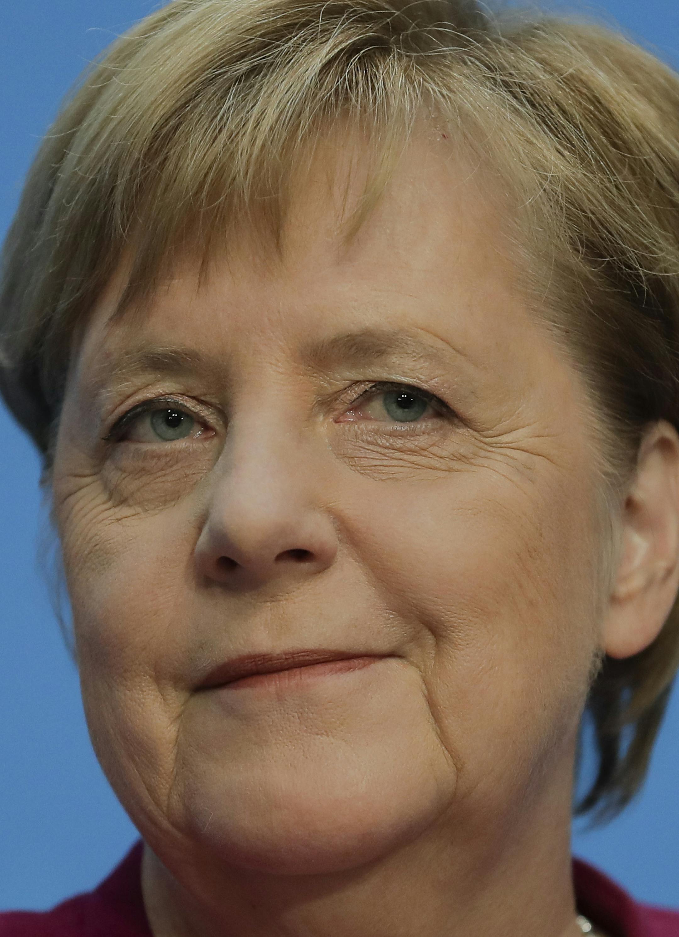 German Christian Democratic Party, CDU, chairwoman and Chancellor Angela Merkel addresses the media during a news conference after a party's leaders meeting at the headquarters the in Berlin, Germany, Monday, Oct. 29, 2018. (AP Photo/Markus Schreiber) ORG XMIT: MSC123