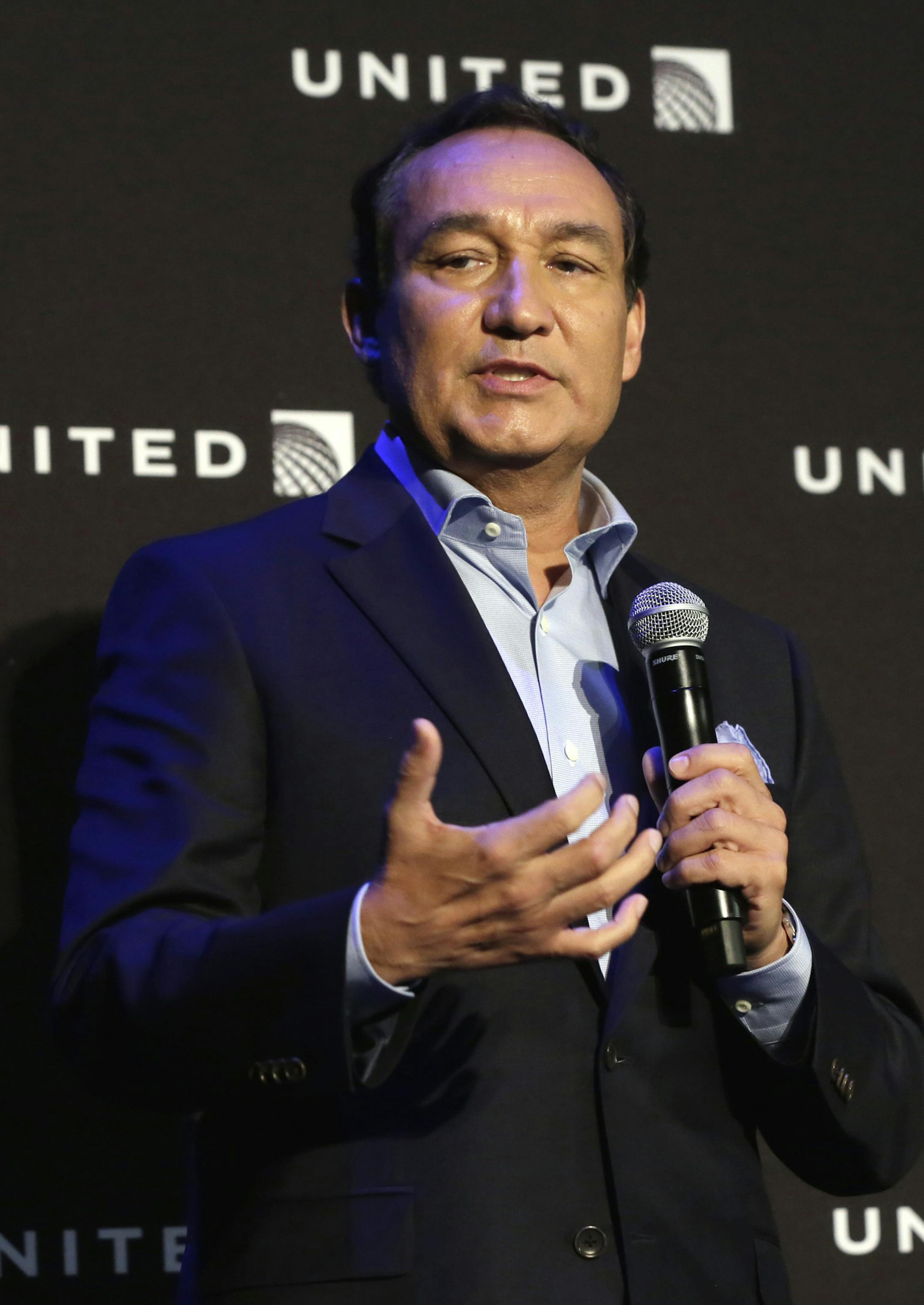 FILE- In this June 2, 2016, file photo, United Airlines CEO Oscar Munoz delivers remarks in New York, during a presentation of the carrier's new Polaris service. Video of police officers dragging a passenger from an overbooked United Airlines flight sparked an uproar Monday, April 10, 2017, on social media, but United's CEO defended his employees, saying they followed proper procedures and had no choice but to call authorities and remove the man. (AP Photo/Richard Drew, File)