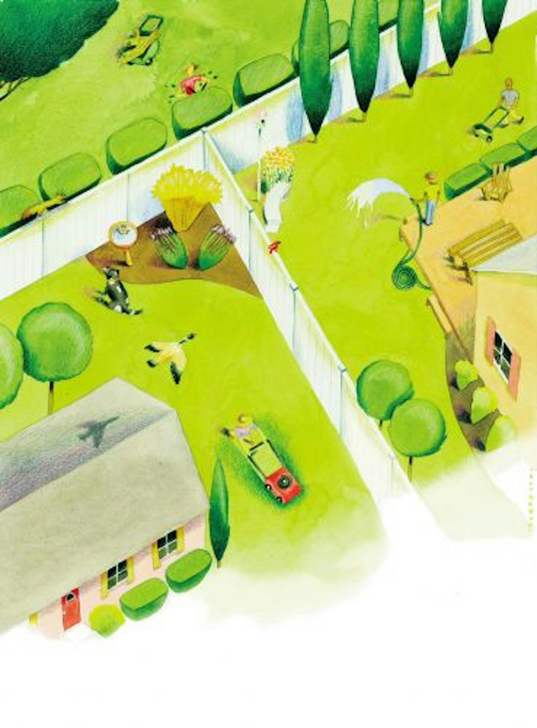 300 dpi 6 col x 15.75 in / 295x400 mm / 1004x1361 pixels Kathy Hagedorn color illustration of summer lawn care. Akron Beacon Journal 2004 <p>KEYWORDS: krtfeatures features krtnational national krtworld world krtgarden garden gardening krt ak contributed back yard casa coddington garden gardening grabado hagedorn hedge hogar home illustration ilustracion jardin lawnmower neighborhood summer lawn vecindad krtsummer summer 2004 krt2004