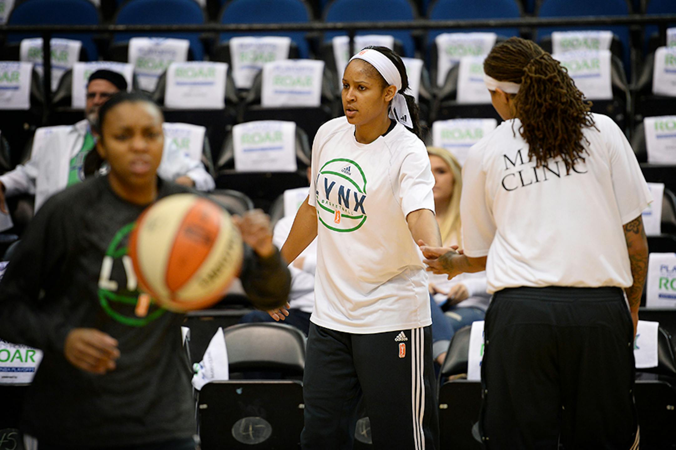 Minnesota Lynx forward Maya Moore (23) high fived guard Seimone Augustus (33) during pre-game warm ups Wednesday.