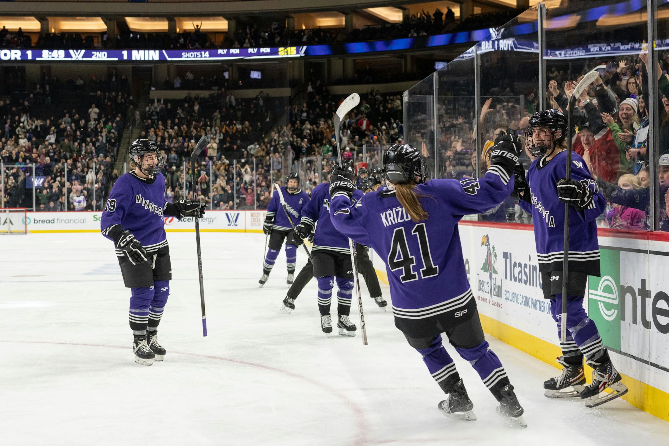 The Minnesota teammates congratulate Minnesota forward Taylor Heise (27) after she scores in the second period between Minnesota and Toronto of the PWHL at the Xcel Energy Center in St. Paul on Wednesday, Jan. 10, 2024. Photo by Matt Blewett, Special to Star Tribune matt@mattebphoto.com