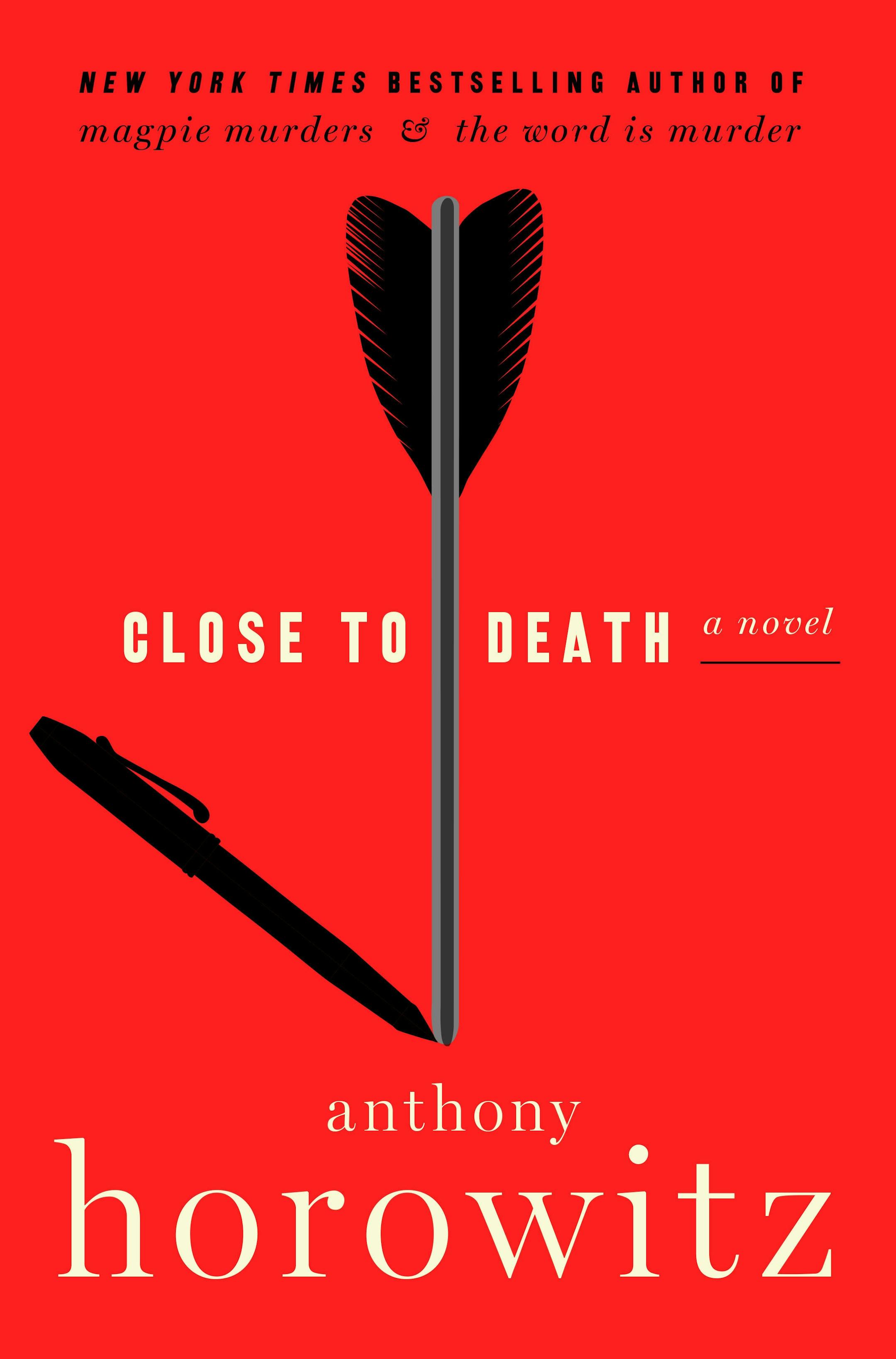 red cover of "Close to Death," with an arrow that casts a shadow of an inkpen