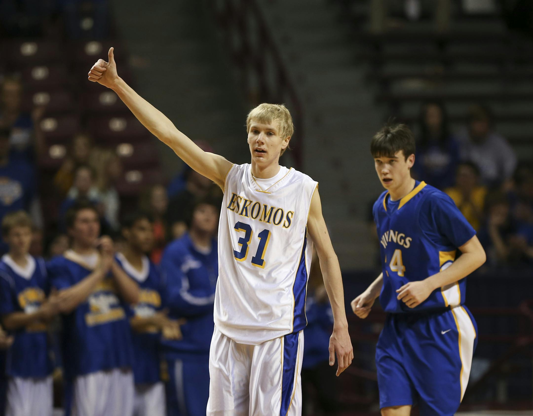 Esko and Hayfield met in a Class 2A Boys' Basketball State Tournament quarterfinal game Wednesday night, March 20, 2013 at Williams Arena in Minneapolis. The Eskomos' Kory Deadrick signaled a first half play. He had 25 first half points against Hayfield. ] JEFF WHEELER ‚Ä¢ jeff.wheeler@startribune.com