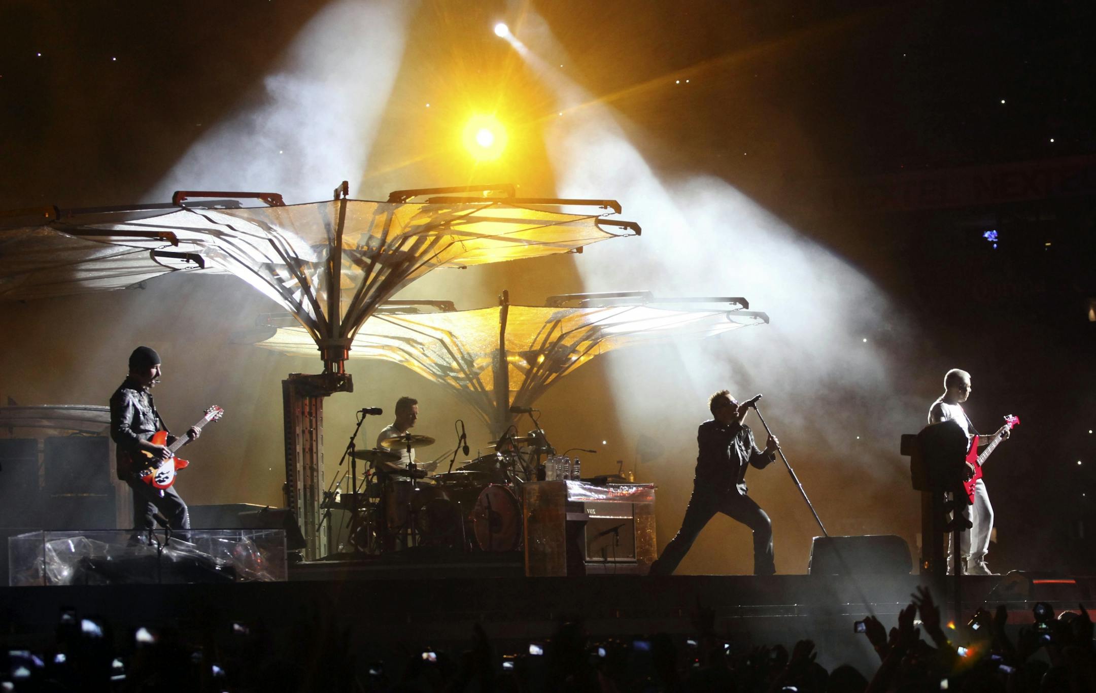 Members of the Irish rock band U2 perform in concert during their 360 world tour at the Azteca stadium in Mexico City, Wednesday, May 11, 2011.