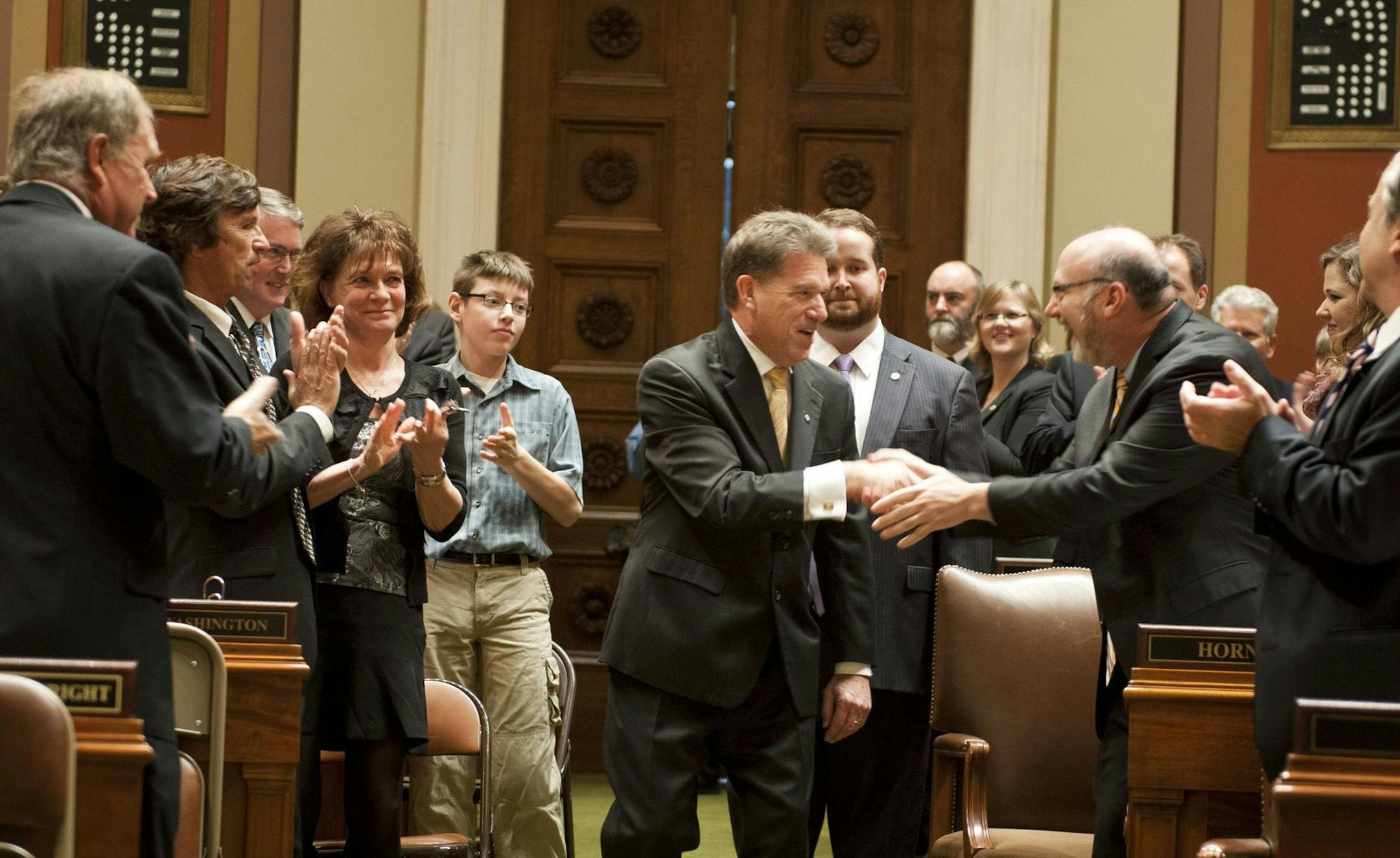Secretary of State Mark Ritchie received a warm welcome as he arrived to preside over Tuesday's session. Tuesday, January 8, 2013 ] GLEN STUBBE * gstubbe@startribune.com ORG XMIT: MIN1301081508501475
