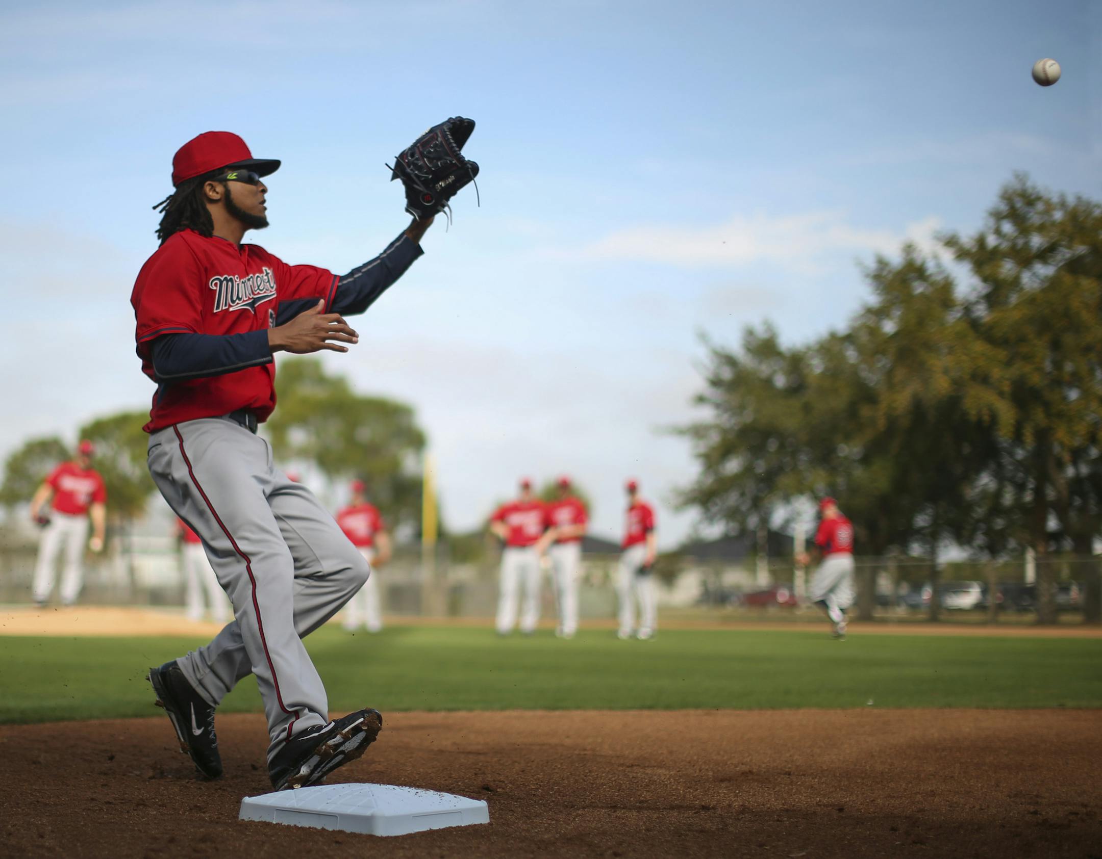 Twins pitcher Ervin Santana covered first base during a drill Tuesday morning at Hammond Stadium. ] JEFF WHEELER ï jeff.wheeler@startribune.com Twins pitchers and catchers continued their workouts Tuesday morning, February 24, 2015 at Hammond Stadium in Fort Myers, FL. ORG XMIT: MIN1502241552453801