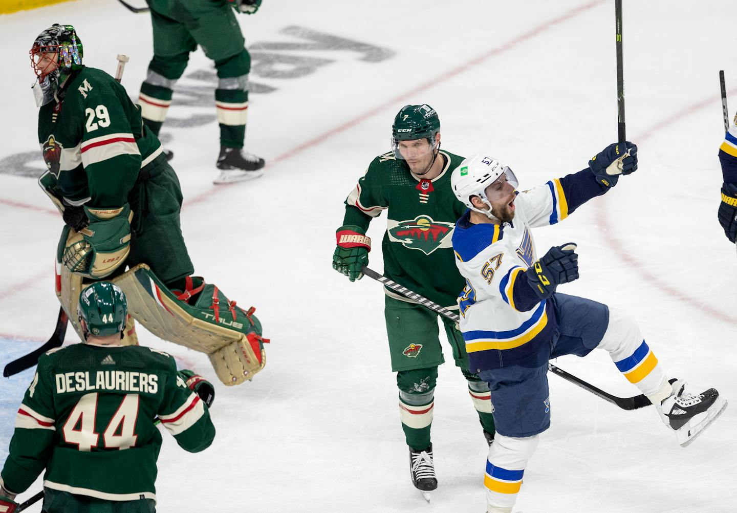 Blues shut down Wild offense take 4 0 victory in Game 1 of NHL