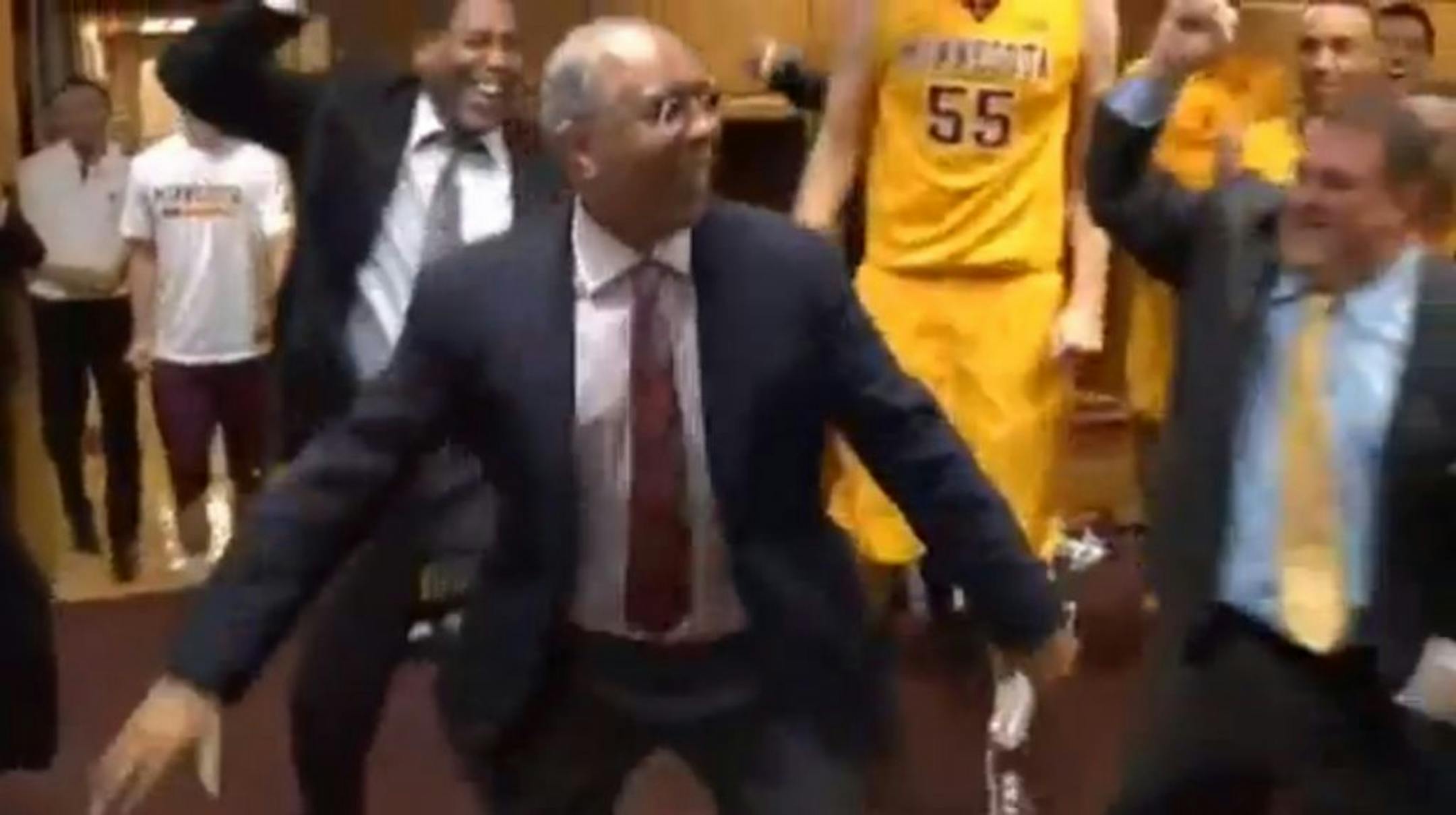Screenshot from video posted to YouTube of Tubby Smith dancing after men's victory over Wisconsin, Feb. 14, 2013. Video courtesy Gopher men's basketball.