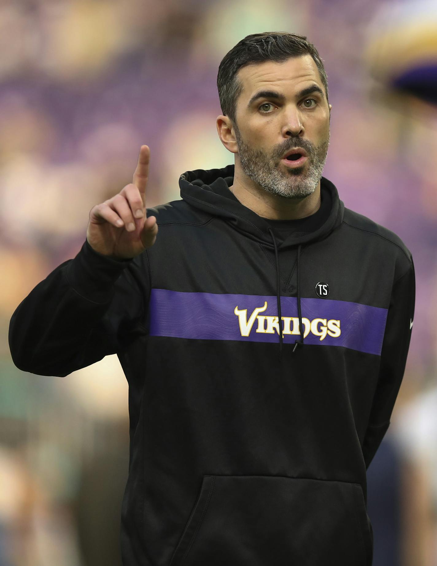 Vikings interim offensive coordinator Kevin Stefanski spoke with quarterback Kirk Cousins during pre-game warmups Sunday. ] JEFF WHEELER &#xef; jeff.wheeler@startribune.com The Minnesota Vikings faced the Miami Dolphins in an NFL football game Sunday afternoon, December 16, 2018 at U.S. Bank Stadium in Minneapolis.