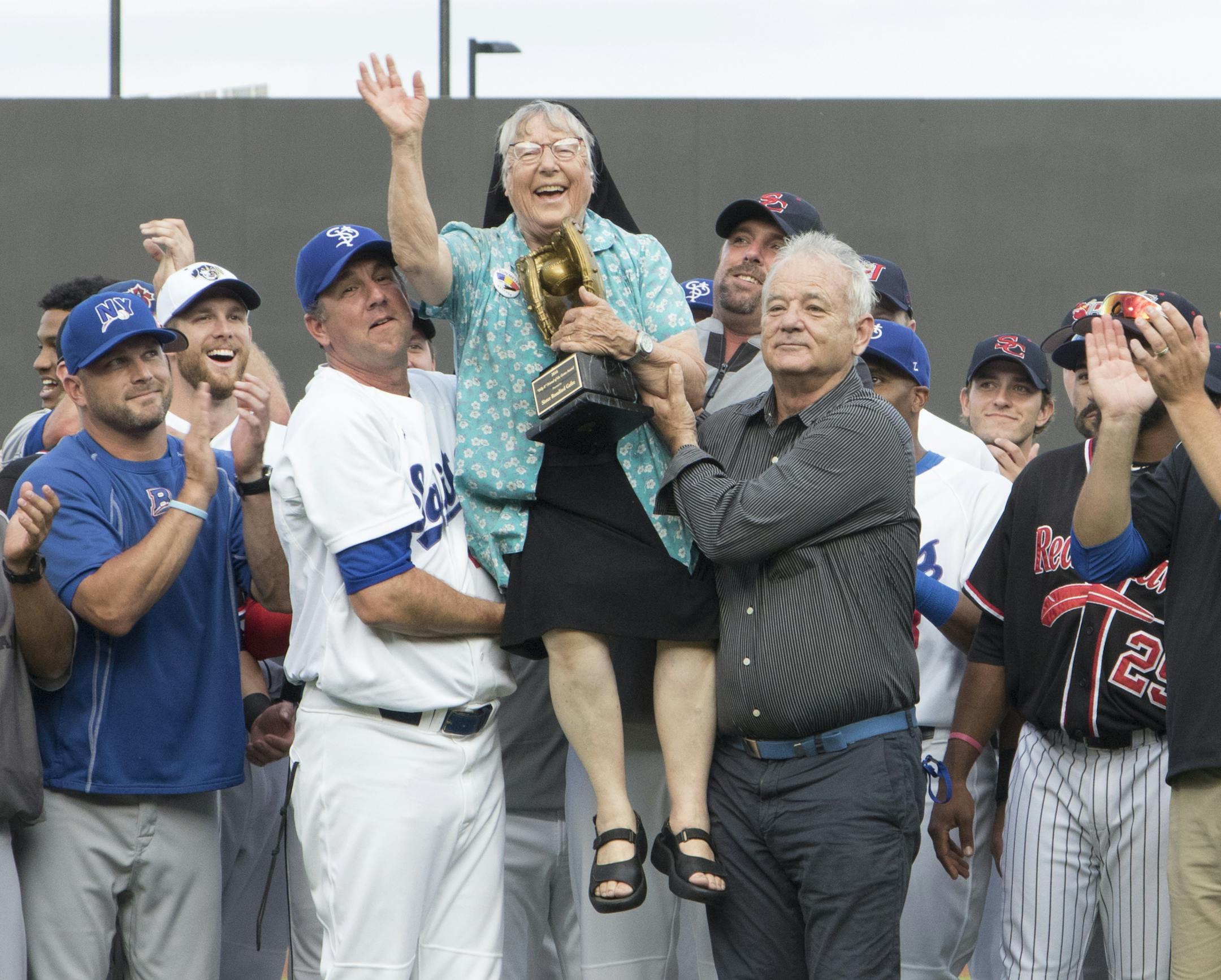 Sister Rosalind, a.k.a. Sister Roz, receives the Billy P. Baseball Person of the Year award from Saints owner Bill Murray during the pre-game festivities of the 2016 American Association All-Star Game on August 2, 2016 at CHS Field in St. Paul, Minn. ] Special to Star Tribune, Matt Blewett | matt@mattebphoto.com, Matte B Photography, 12292 SAINTS080316 - 2016 American Association All Star Game (8-2-16)
