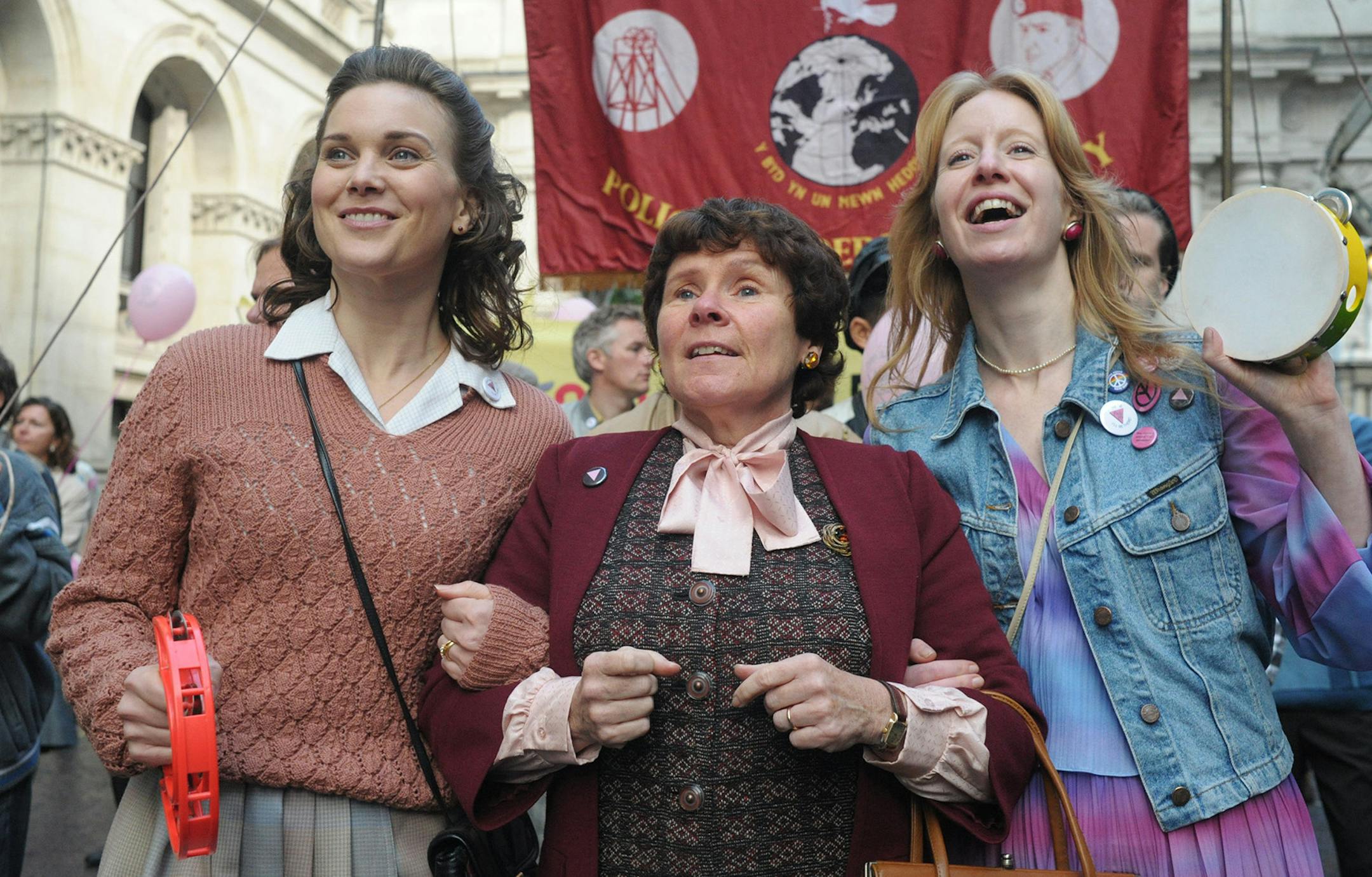 This photo released by CBS Films shows, from left, Liz White as Margaret, Imelda Staunton as Hefina and Nia Gwynee as Gail in a scene from the film, "Pride." (AP Photo/CBS Films, Nicola Dove) ORG XMIT: CAET270
