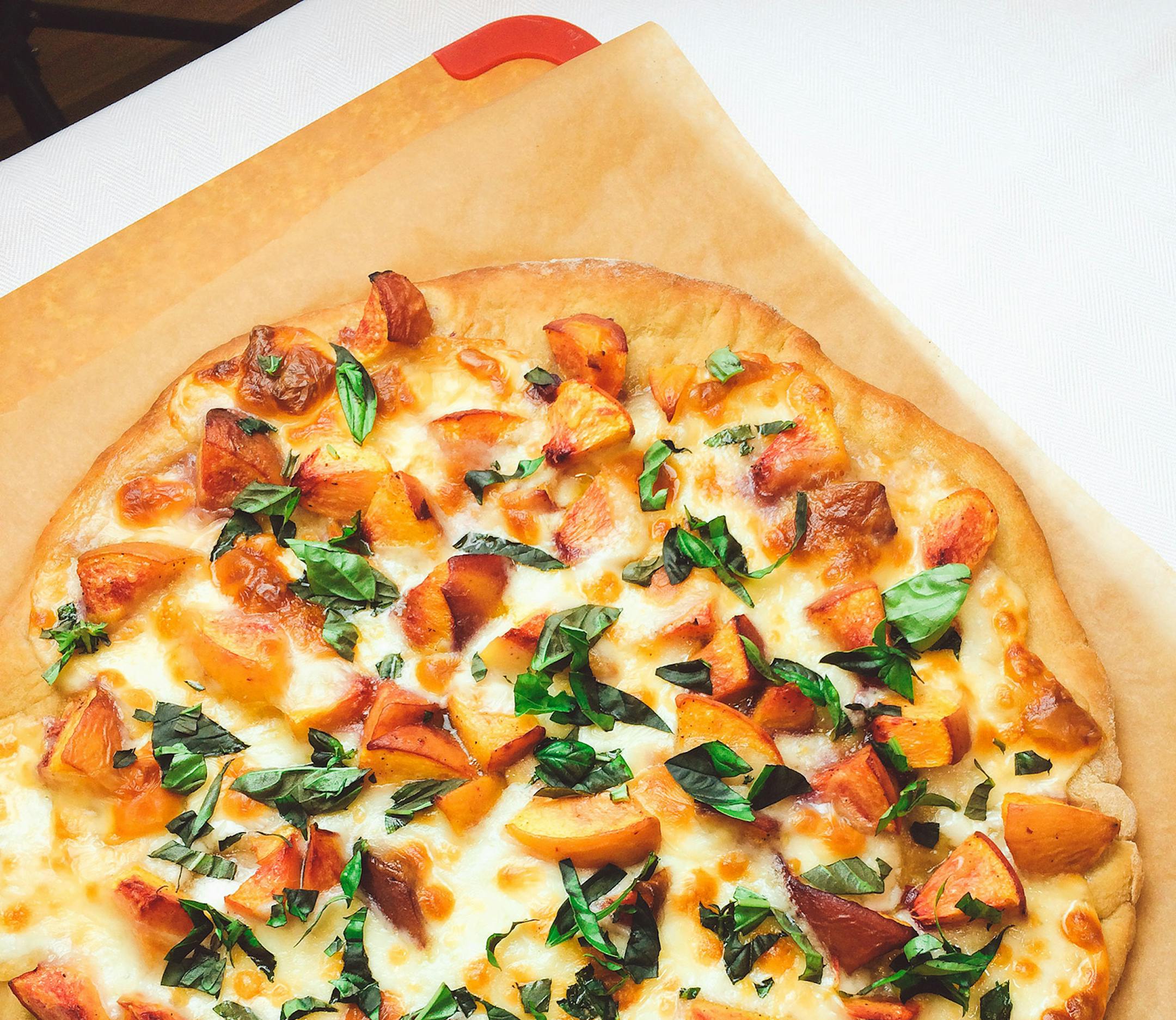 Peach and Fresh Basil Pizza.