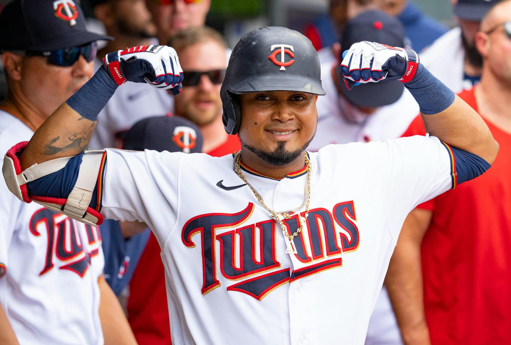 Minnesota Twins first baseman Luis Arraez (2) celebrates in the dugout after hitting a solo home run in the first inning against the Chicago White Sox Saturday, July 16, 2022 at Target Field in Minneapolis. ]