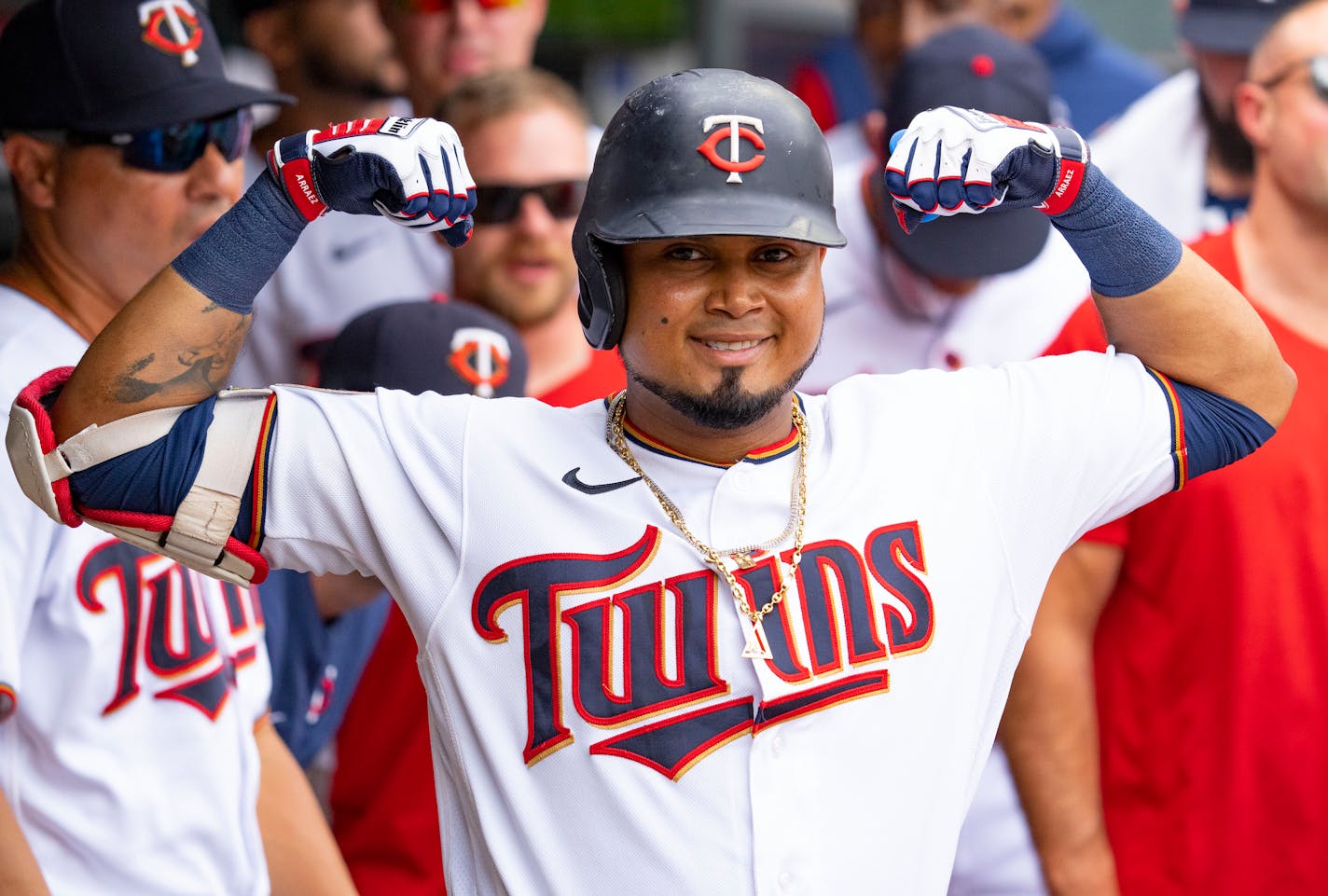 Minnesota Twins first baseman Luis Arraez (2) celebrates in the dugout after hitting a solo home run in the first inning against the Chicago White Sox Saturday, July 16, 2022 at Target Field in Minneapolis. ]