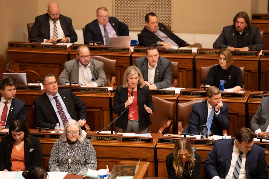 Rep. Anne Neu Brindley, R-North Branch, center, challenged Rep. Carlie Kotyza-Witthuhn’s bill on the House floor on Jan. 19.