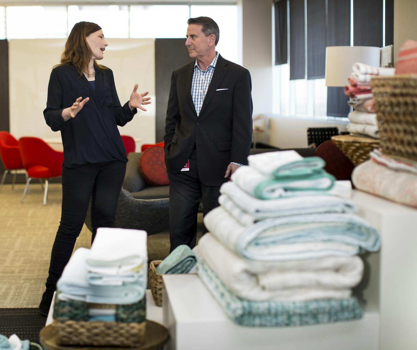 Target CEO Brian Cornell (right) chatted with associate design director Stephanie Grotta about a new product line on Thursday, February 26, 2015 in Target headquarters downtown Minneapolis, Minn. ] RENEE JONES SCHNEIDER &#x2022; reneejones@startribune.com