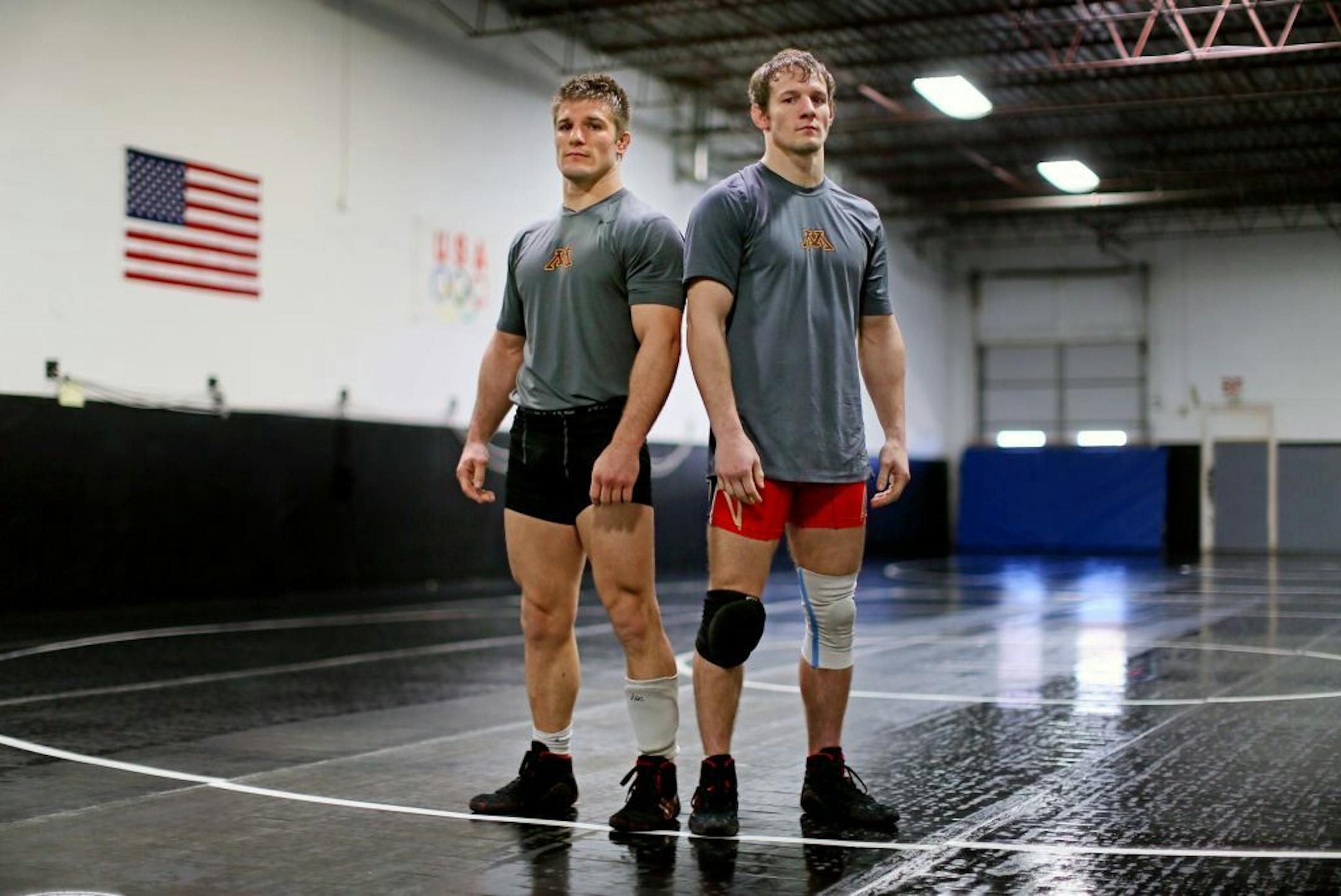 Former U of M wrestling brothers CP (left) and Dustin Schlatter at the Pinnacle Wrestling Gym in Shoreview. CP competes in Greco-Roman, and Dustin in freestyle. They're both highly ranked in their weight classes heading into the Olympic trials this weekend.