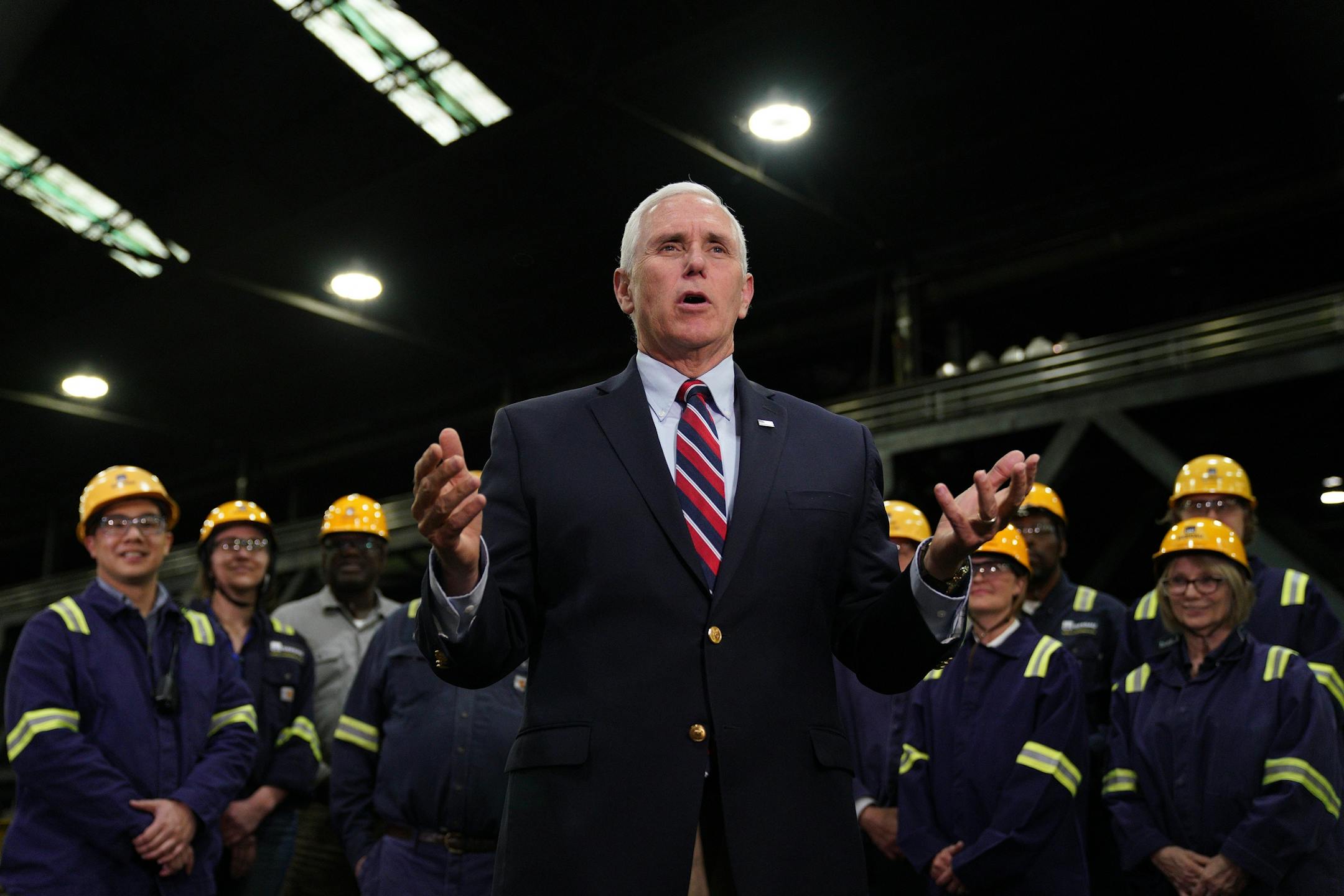 Vice President Mike Pence answered questions Thursday in St. Paul after a speech urging support for President Donald Trump's proposed replacement for the North American Free Trade Agreement at Gerdau Ameristeel.