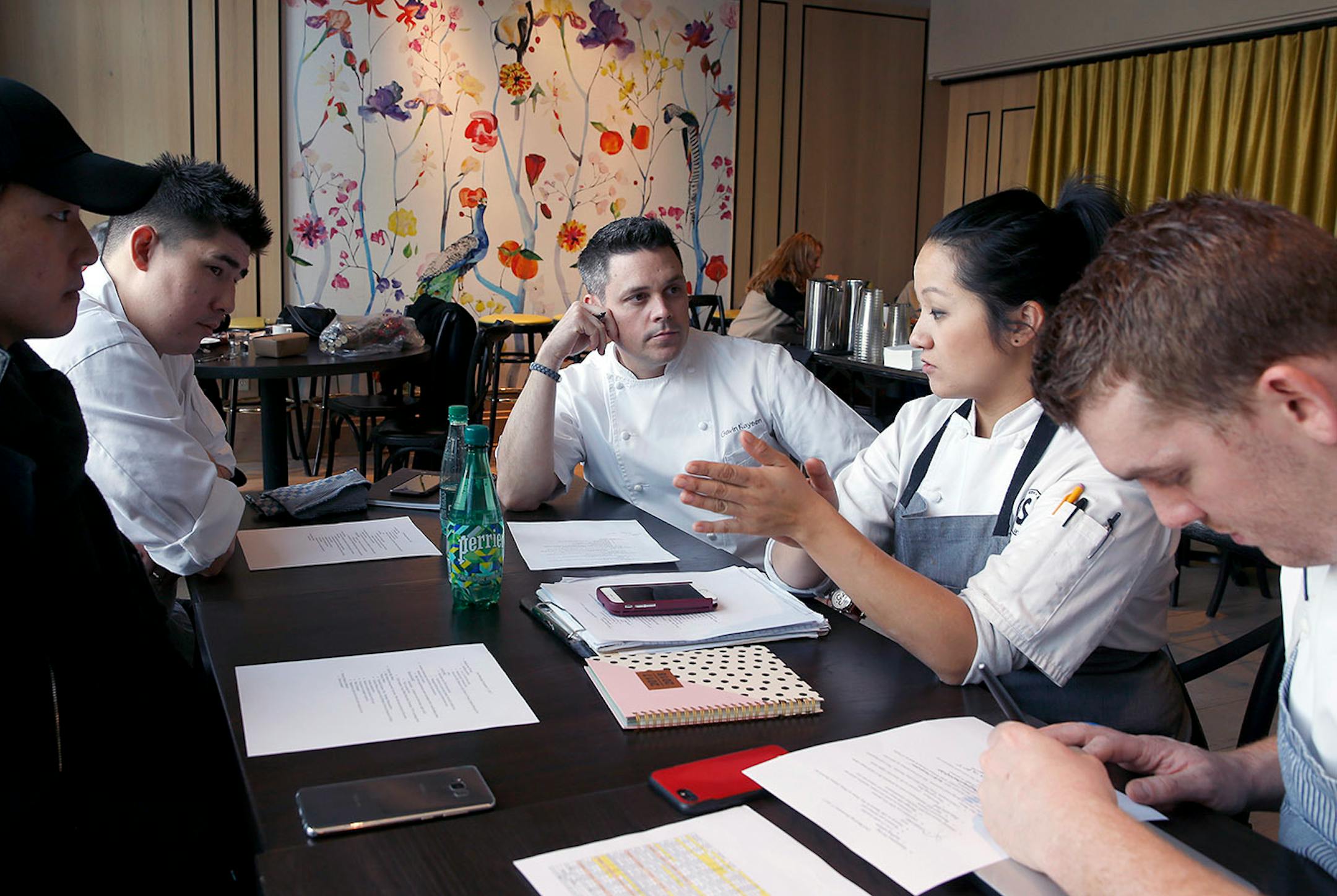 Gavin Kaysen meets with Bellecour staff, from left, Jaime Yoo: Sous Chef, Laurence Herbert: Sous Chef, Gavin Kaysen: Owner, Executive Chef, Diane Yang: Pastry Chef, Nick Dugan: Chef De Cuisine Chef of the Year: Profile of our 2017 chef of the year, Gavin Kaysen of Bellecour in Wayzata and Spoon and Stable in Minneapolis.