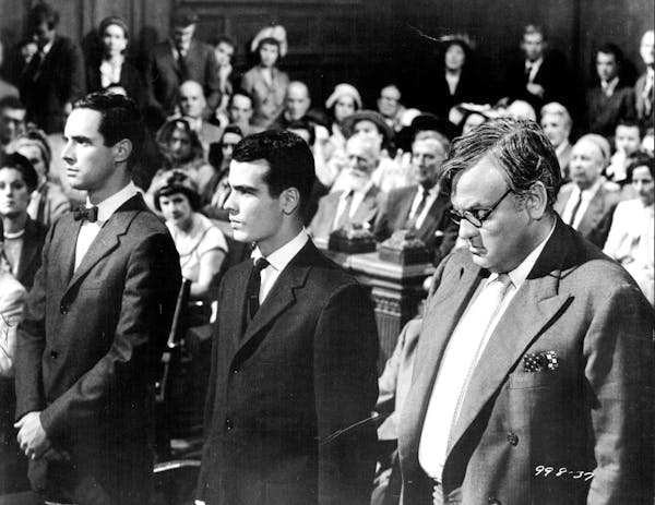 April 26, 1958 On trial : Orson Welles plays attorney Jonathan Wilk, right, in "Compulsion," opening Thursday at the academy. The movie, based on the 