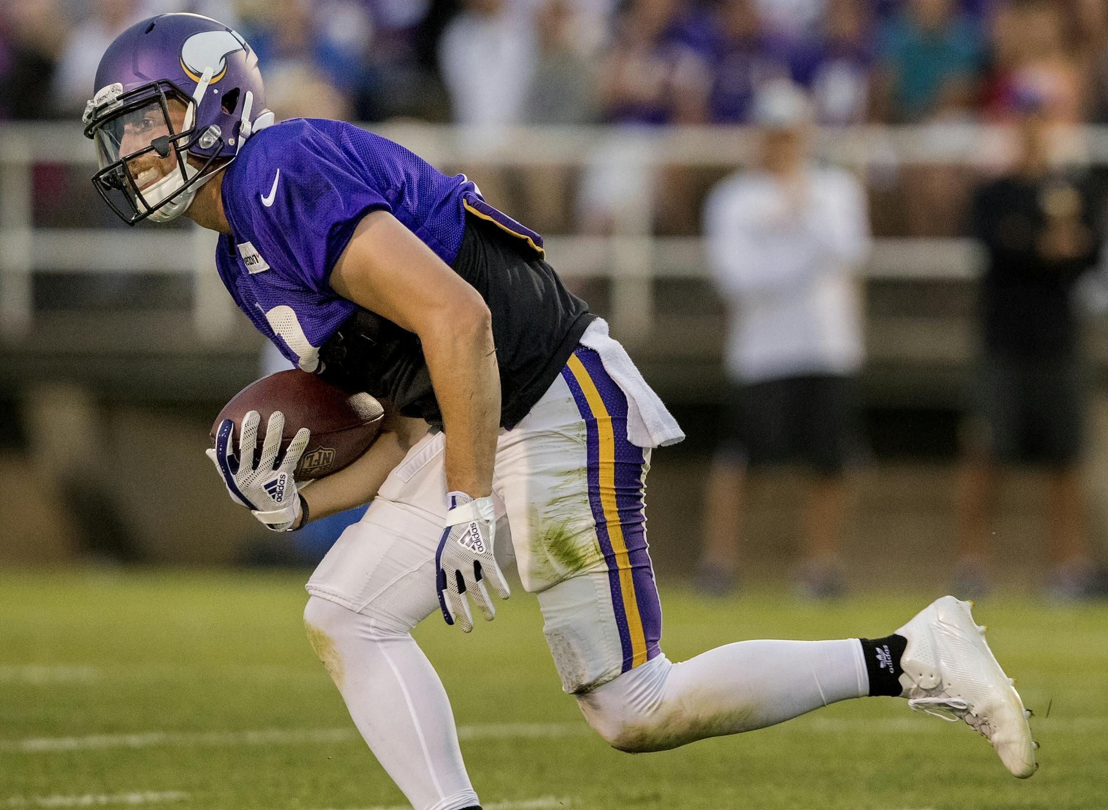 Minnesota Vikings Adam Thielen caught pass during the team scrimmage at Blakeslee Stadium in Mankato.