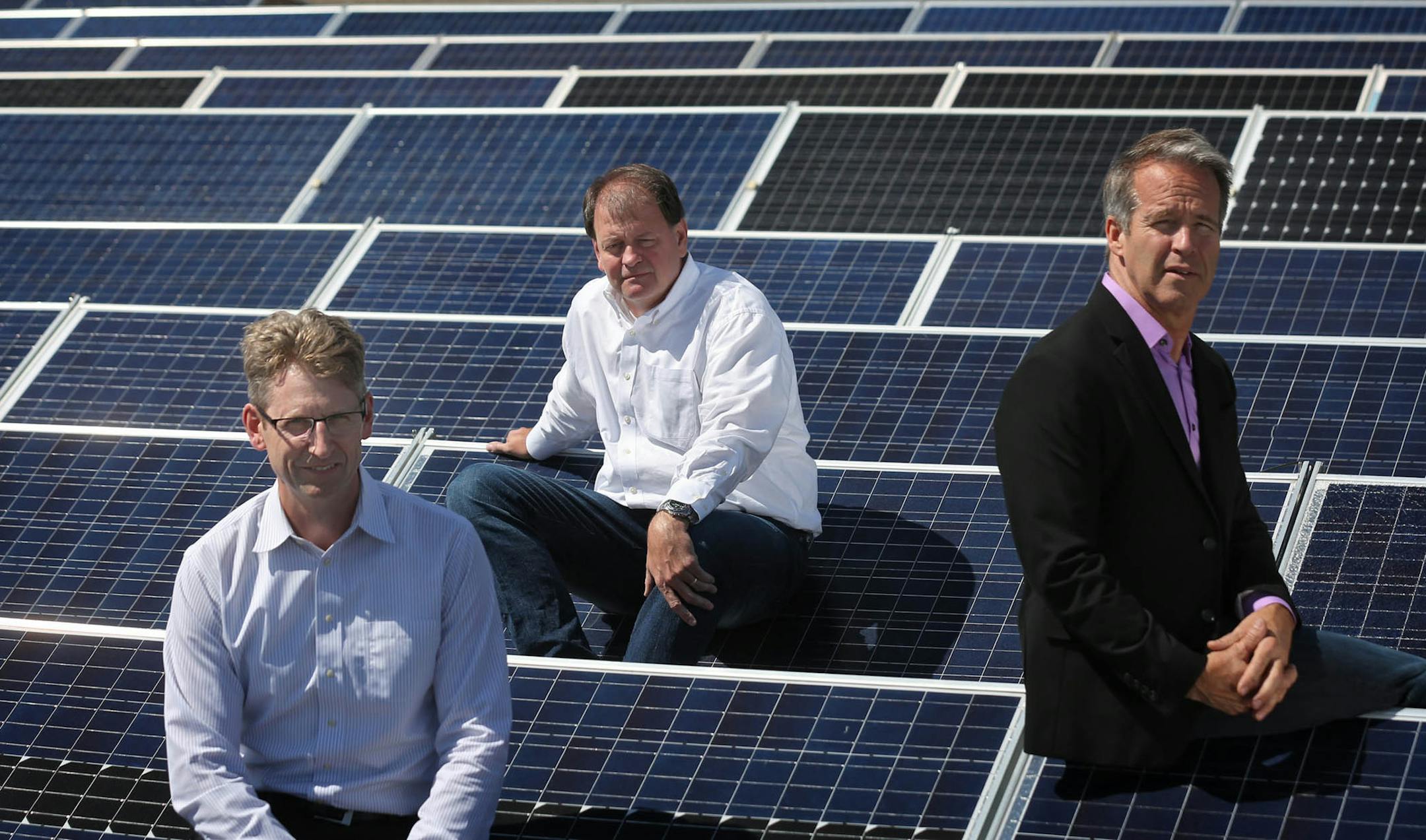 Jeff Hohn, CEO (left), Joel Cannon, founding CEO and chief strategy officer (middle) and Dallas Meyer, president and chief technology officer of Ten K Solar in Bloomington. ] JIM GEHRZ ï james.gehrz@startribune.com / Minneapolis, MN / June 7, 2016 3:00 PM ñ BACKGROUND INFORMATION: The head of 3M Companyís renewable energy division has signed on as CEO of Bloomington-based Ten K Solar, Ten K will announce on Tuesday. Minnesotaís largest solar manufacturer also plans to double