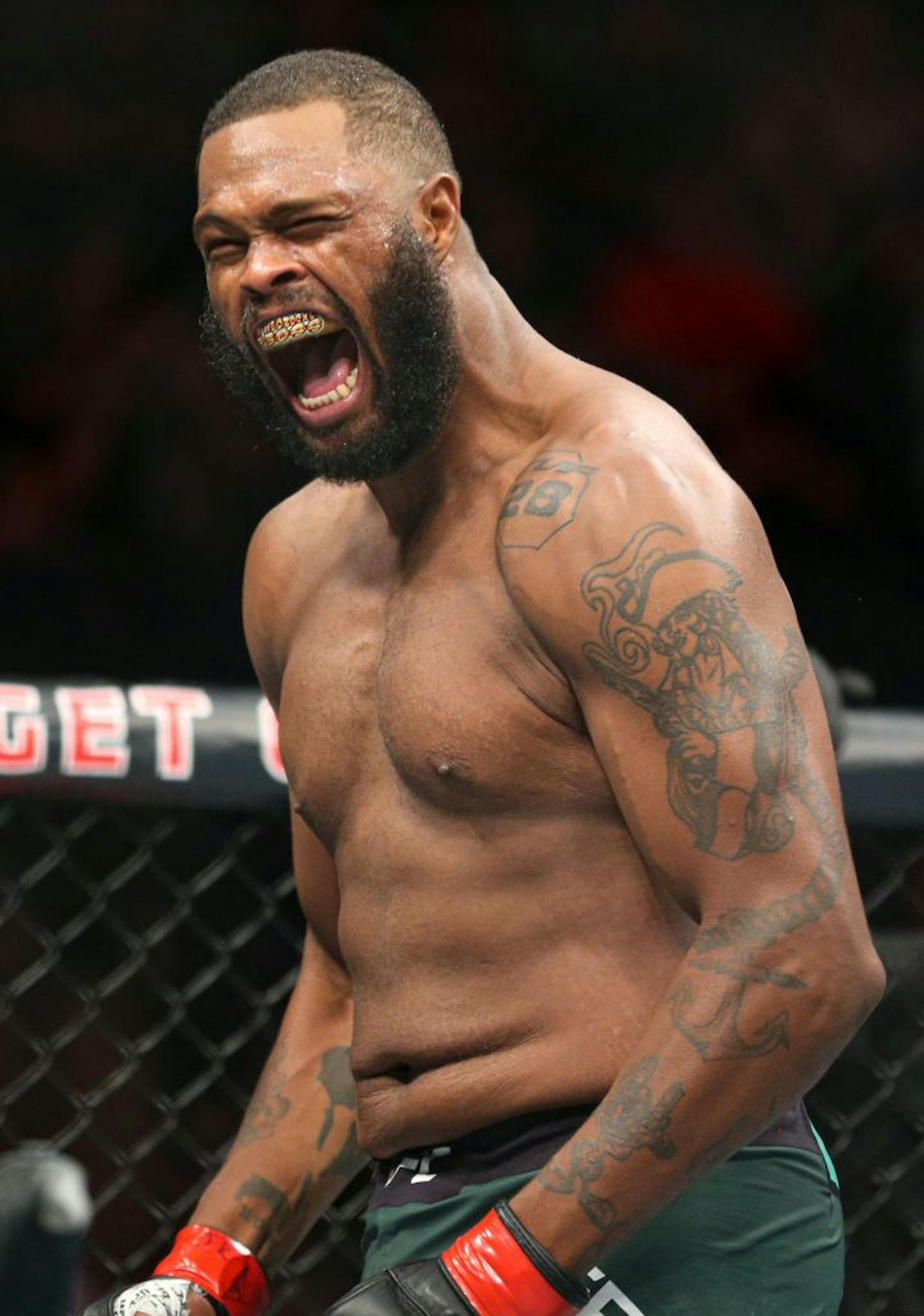 Maurice Green gets himself pumped up before his heavyweight preliminary match against Junior Albini. Green is a St. Cloud, MN native and crowd favorite. He beat Albini by TKO. ALEX KORMANN ¥ alex.kormann@startribune.com UFC Fight Night was held at Target Center on Saturday June 29, 2019. Francis Ngannou and Junior Dos Santos headlined the event.