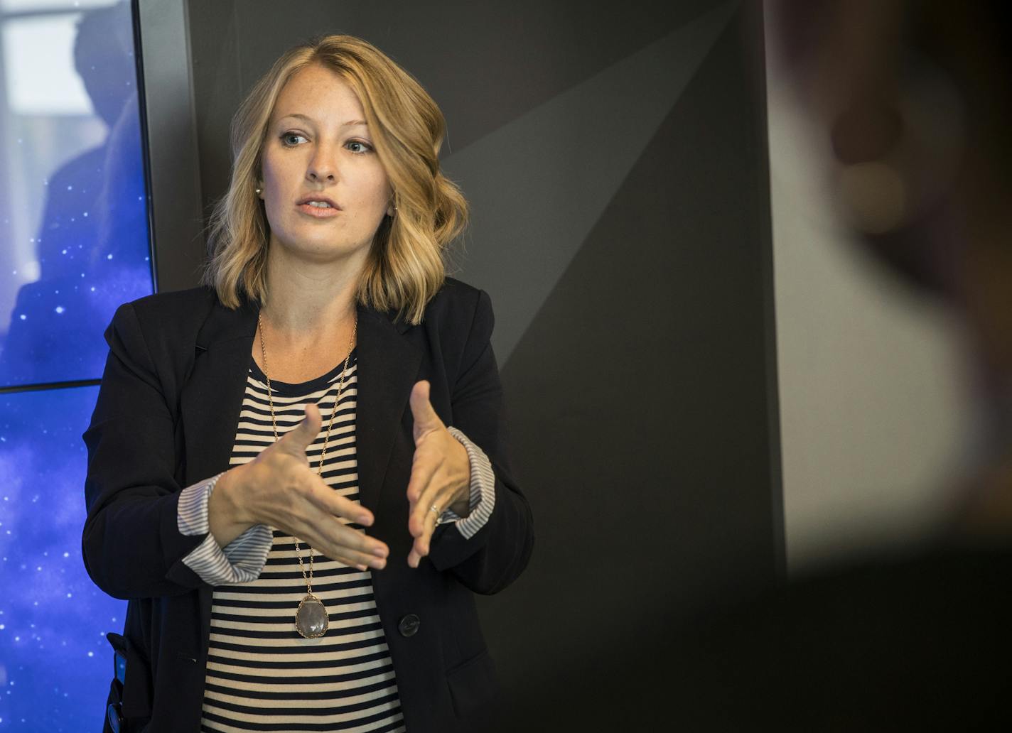 Cassandra Garber, 35, helped guide a tour of sustainability students from the University of Minnesota's Net Impact program who were visiting 3M's Innovation Center on Tuesday, August 9, 2016, in Maplewood, Minn. ] RENEE JONES SCHNEIDER &#x2022; renee.jones@startribune.com