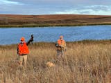 Nicholas Sovell, left, held a rooster pheasant aloft that was among 14 birds taken by a group hunting in western Minnesota on a productive opening day