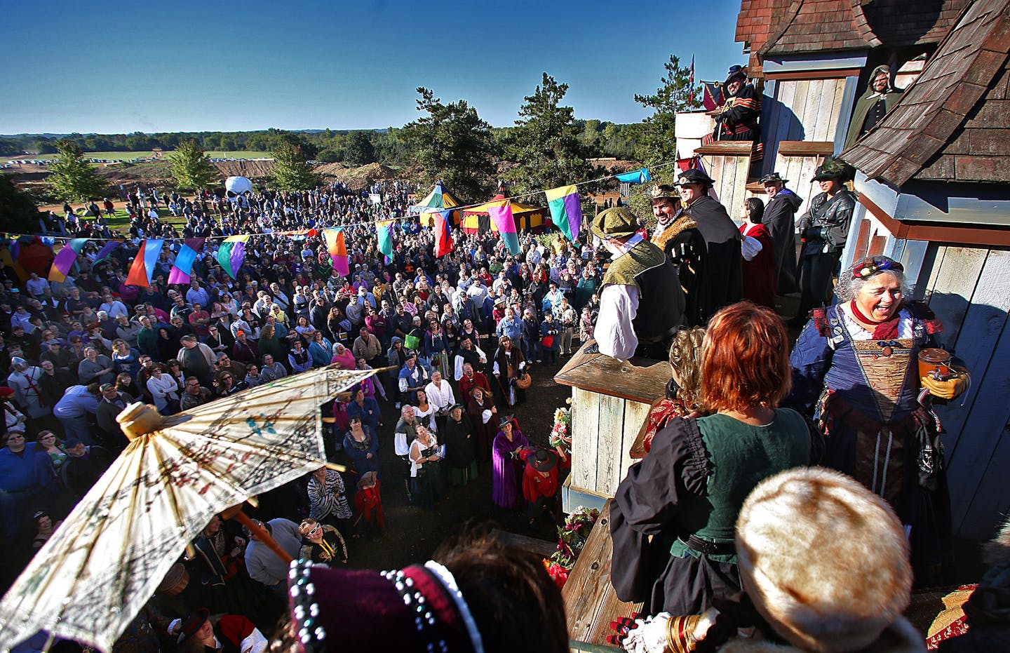 A large crowd gathered outside the King&#x201a;&#xc4;&#xf4;s Gate to watch a brief program at the Renaissance Festival, prior to the start of a new day. ] JIM GEHRZ &#x201a;&#xc4;&#xa2; jgehrz@startribune.com / Shakopee, MN / Sept. 13, 2014 / 8:30 AM / BACKGROUND INFORMATION: For decades the Renaissance Festival has been trying to maintain an illusion of a return to a distant medieval past. But recent patrons report that the illusion is under strain, as a very modern-day enterprise, sand mining