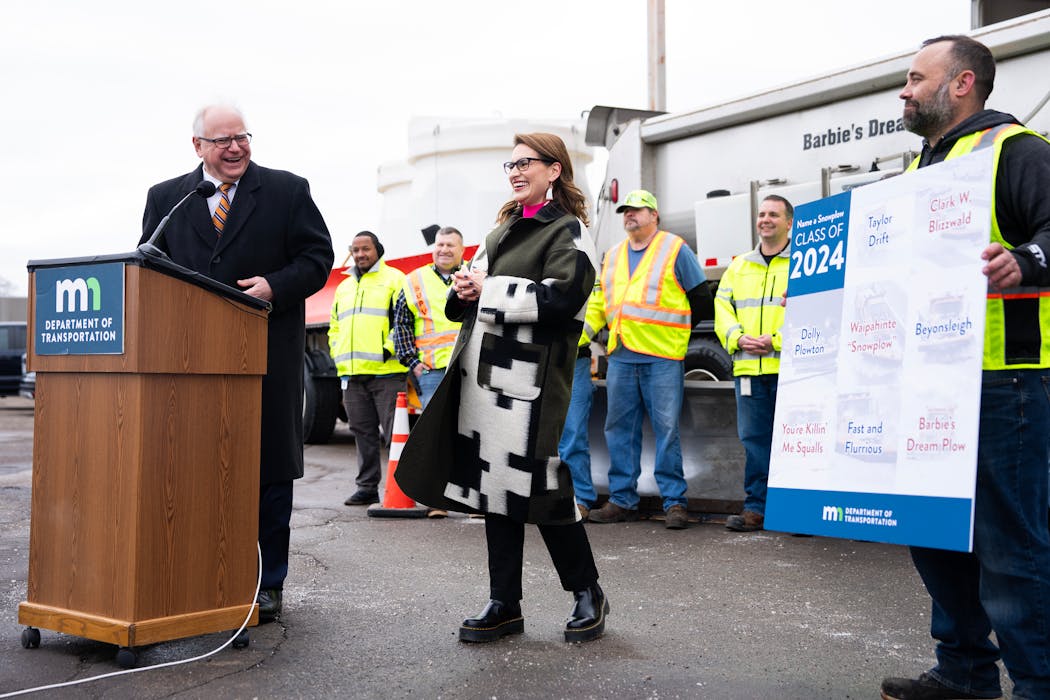 Gov. Tim Walz and Lt. Gov. Peggy Flanagan helped introduce the winners of the MnDOT Name A Snowplow Contest at the Cedar Truck Station in Richfield on Tuesday.