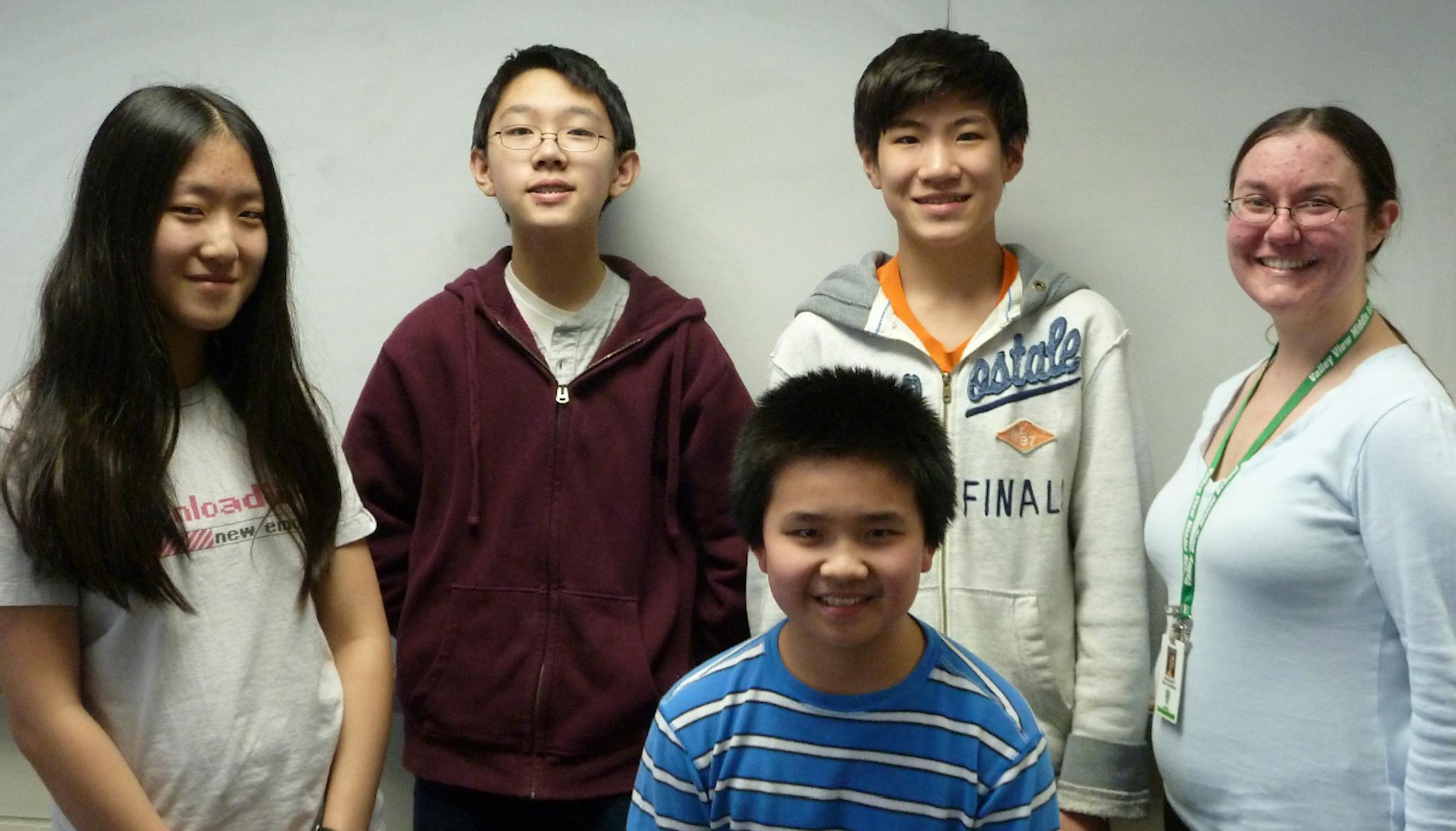 From left, members of the Valley View Middle School math team, which was the top-scoring team at the MATHCOUNTS tourney on 3/17/13. From left: Jenny Zhang, Michael Tang, Richard Zhu,, Tommy Jiang and coach Margaret Schlukebier.