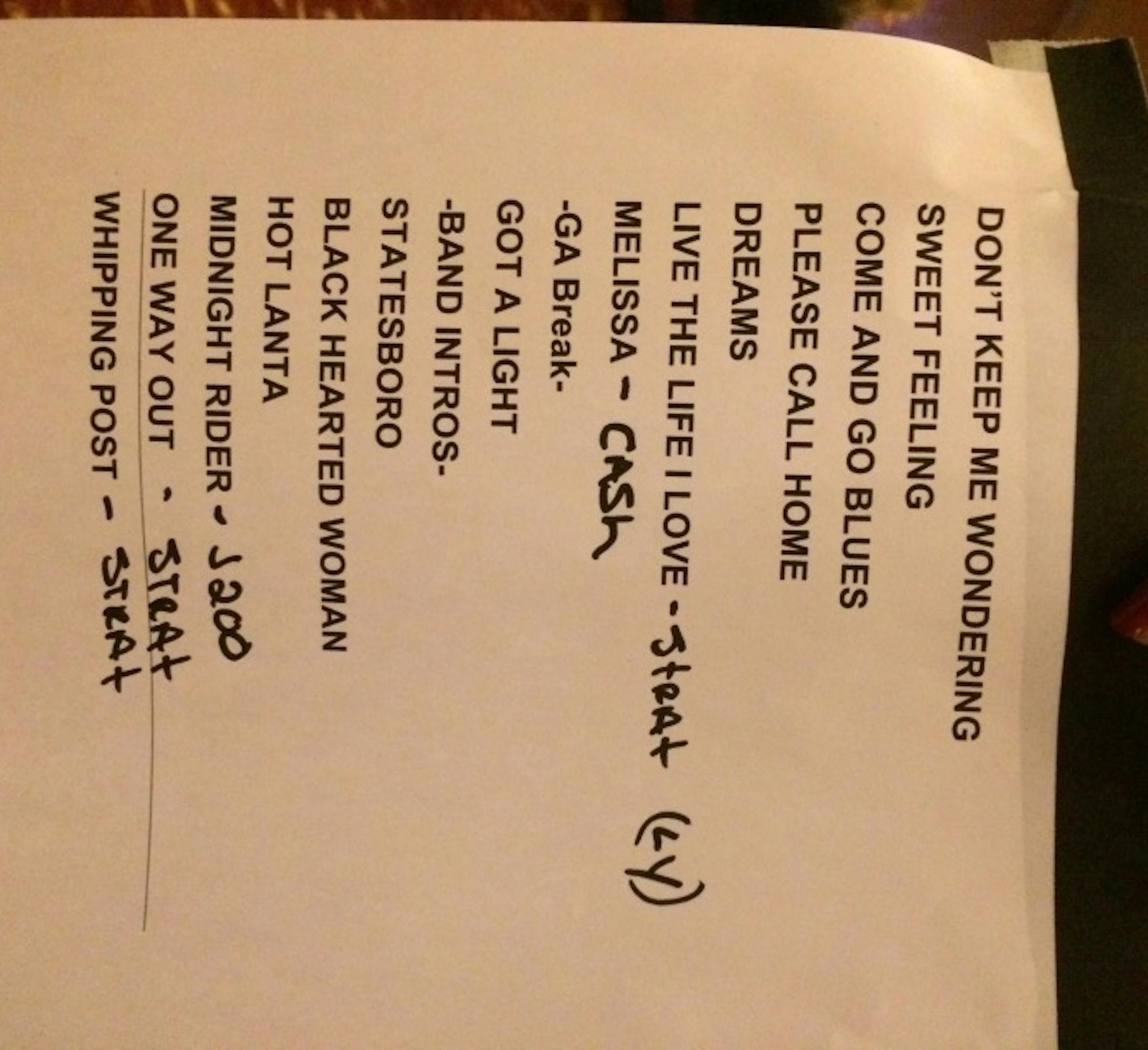 Gregg Allman's set list on Saturday at Mystic Lake