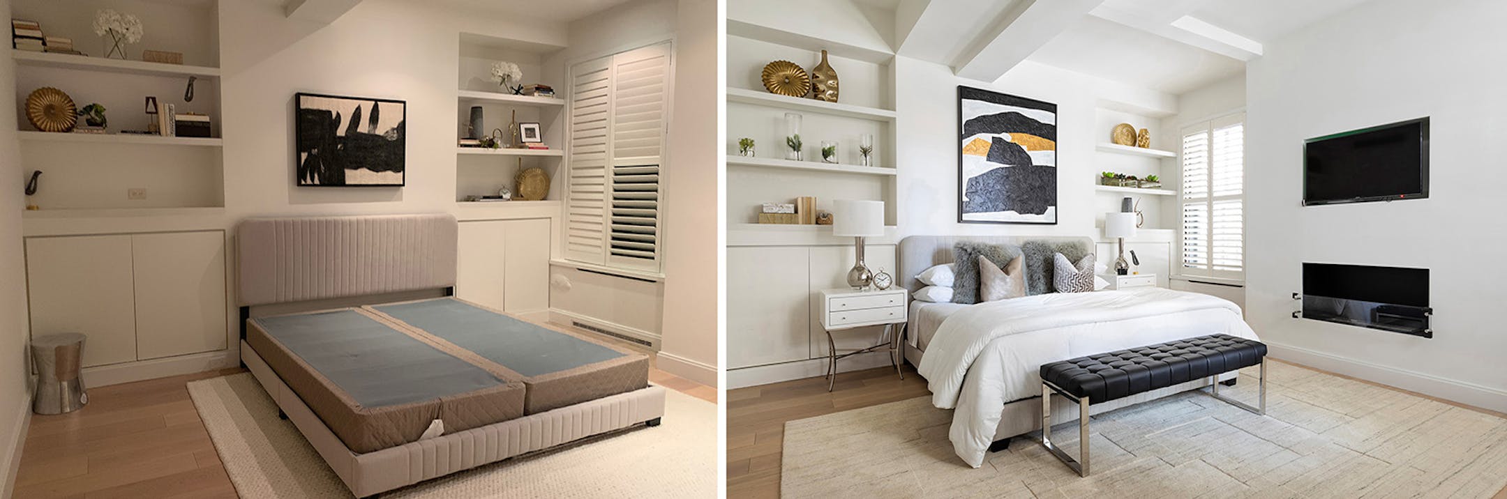 Before and after: A poorly presented master bedroomis elevated through the addition ofartwork, bench, bedding and styling of the shelves.