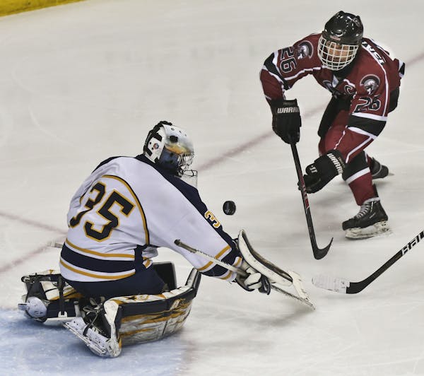 Hermantown goalie Adam Smith blocked a head on shot from New Prague's Austin Isaacson in the third period during the State Boys hockey Tournament 1A s