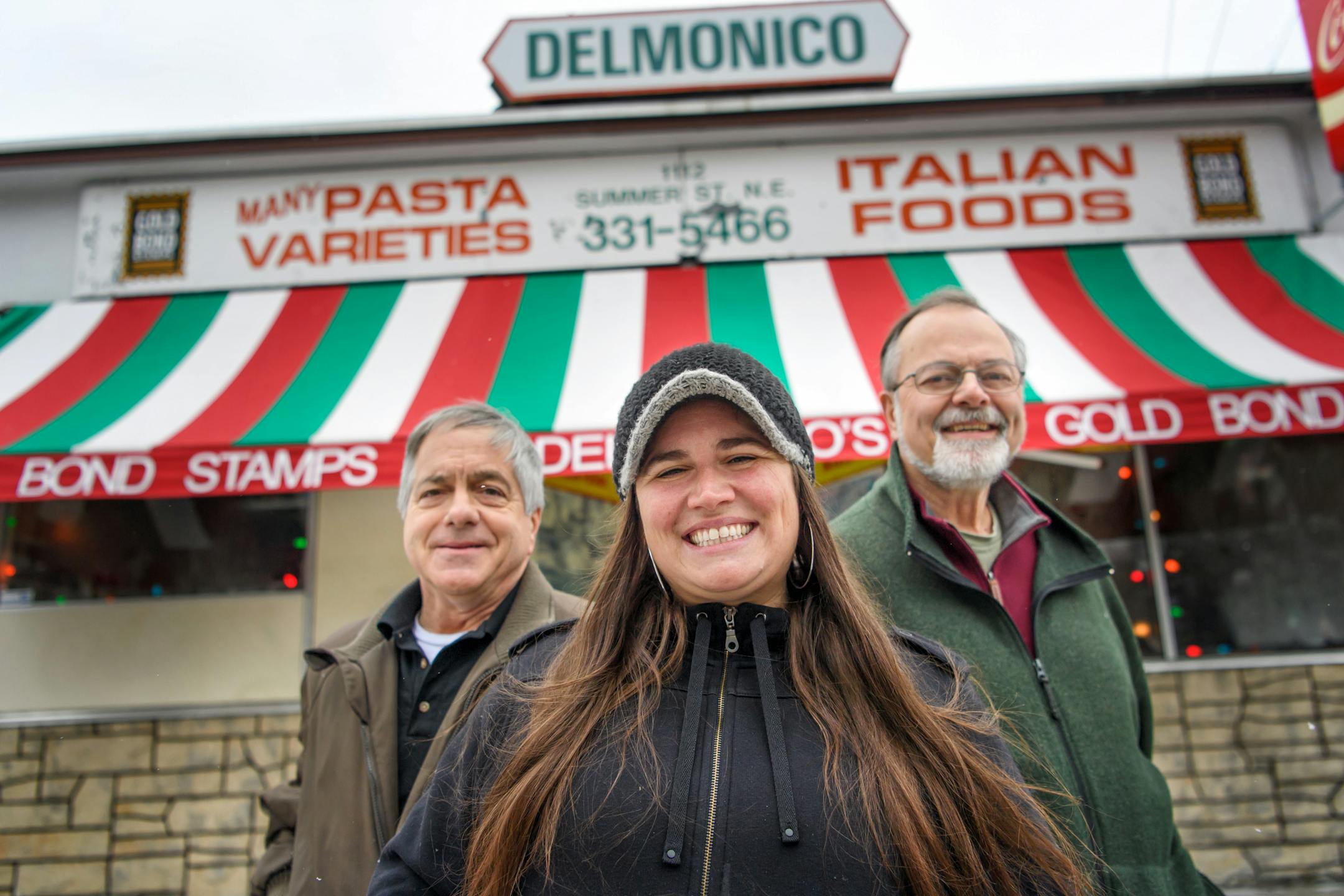 Owner Jessica Rivera with former owners Bob and Terry Delmonico. They have become like her Italian uncles she said. ] GLEN STUBBE * gstubbe@startribune.com Thursday, Dec 6, 2016 Jessica Rivera's is working to resurrect the shuttered Delmonico's in Northeast Minneapolis. Rivera, the owner since 2014, with Bob Delmonica, a member of the selling family that had owned the store since it opened in 1929 and Terry Delmonica, Bob's cousin who worked in the store for 40-plus years with Bob. EDS, Bob and