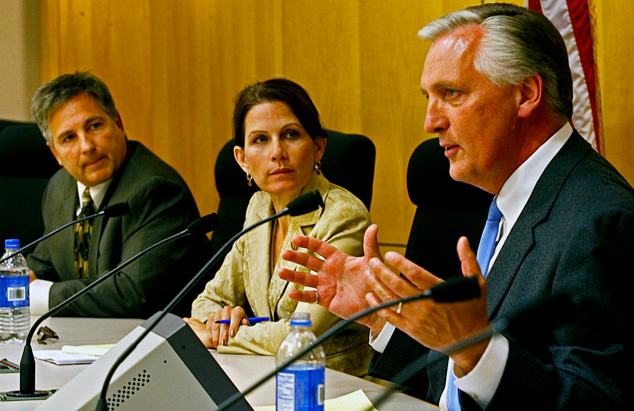 From left, Bob Anderson, Michele Bachmann and Elwyn Tinklenberg held an election debate on Oct. 1 at Stillwater City Hall.