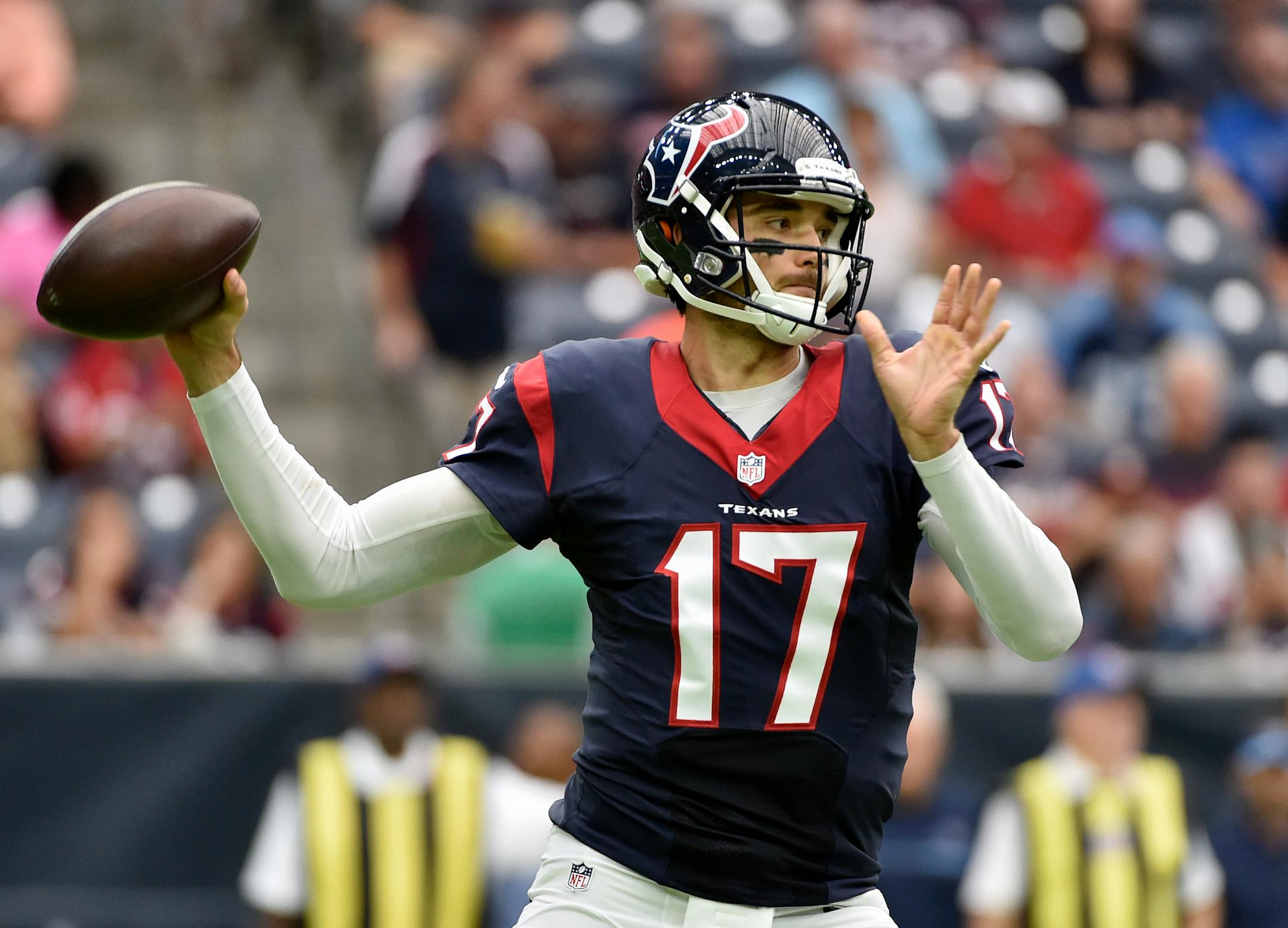 Through four games, Texans quarterback Brock Osweiler is still seeking consistency in a new offense. His six interceptions trail only New York's Ryan Fitzpatrick (10) and Tampa Bay's Jameis Winston (eight).