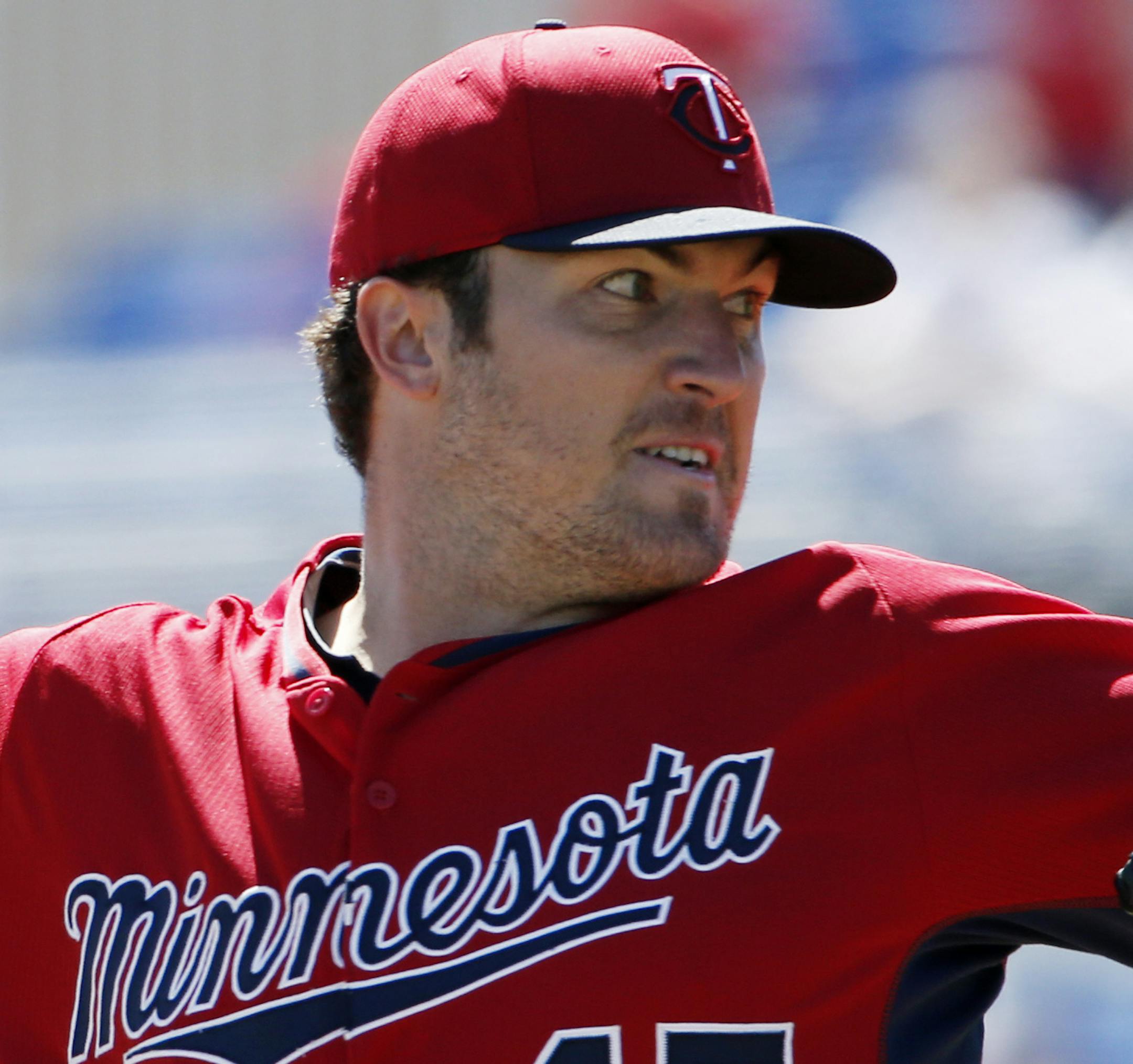 Minnesota Twins starting pitcher Phil Hughes (45) winds up in the first inning of a spring training baseball game against the Toronto Blue Jays in Dunedin, Fla., Saturday, March 8, 2014. (AP Photo/Kathy Willens)