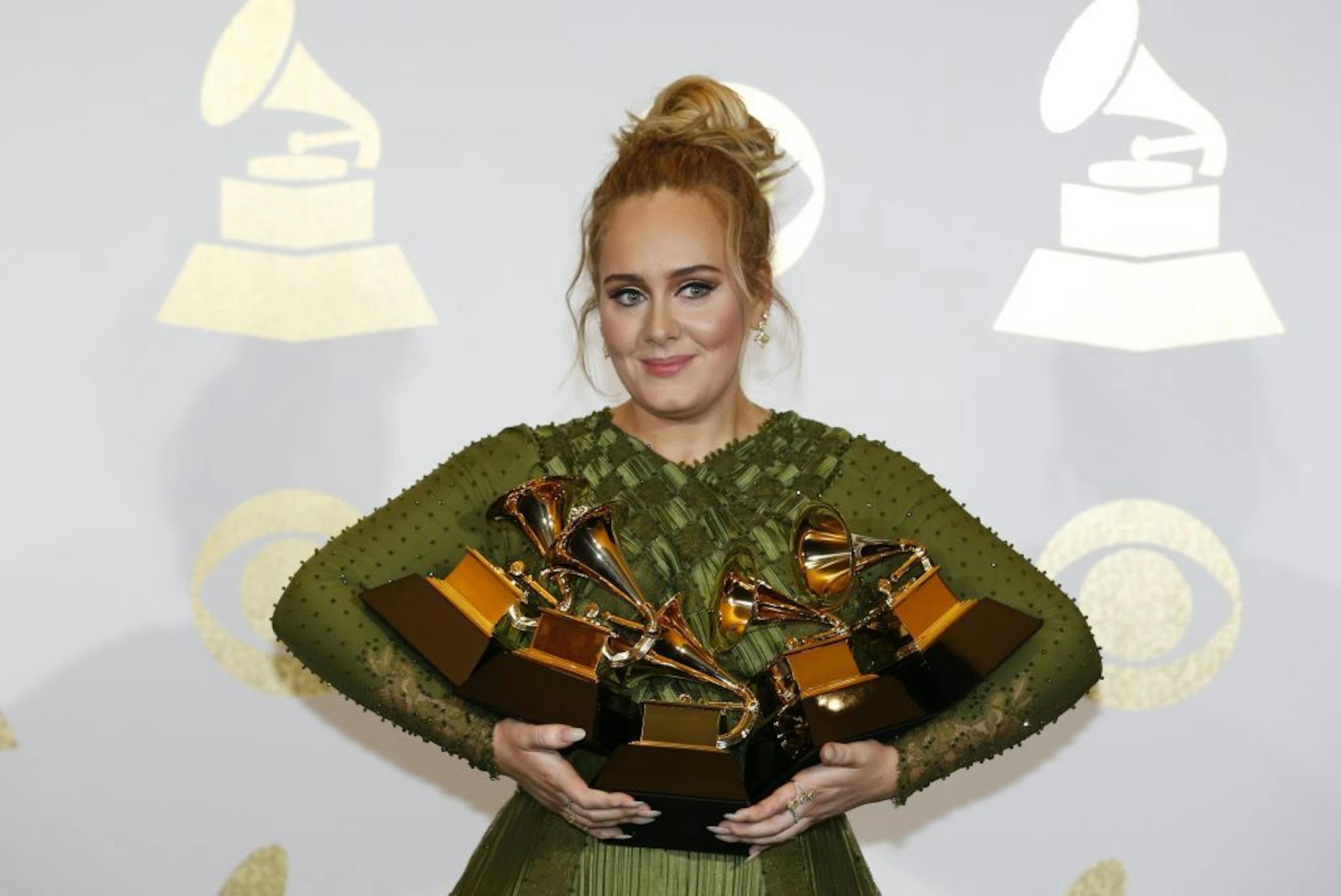 Adele backstage during the 59th Annual Grammy Awards at Staples Center in Los Angeles on Sunday, Feb. 12, 2017.